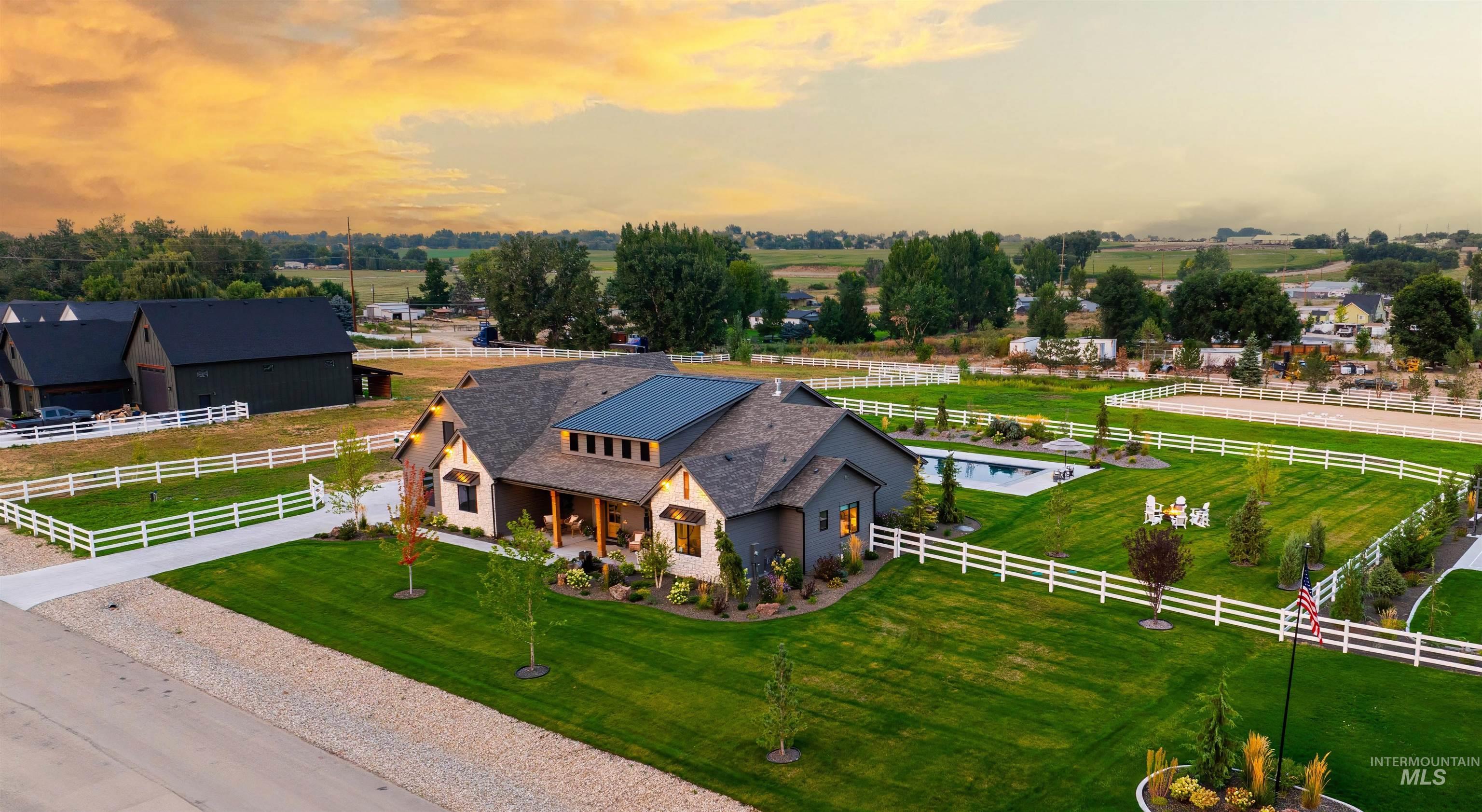 Aerial view of sparsely populated area with a pastoral area