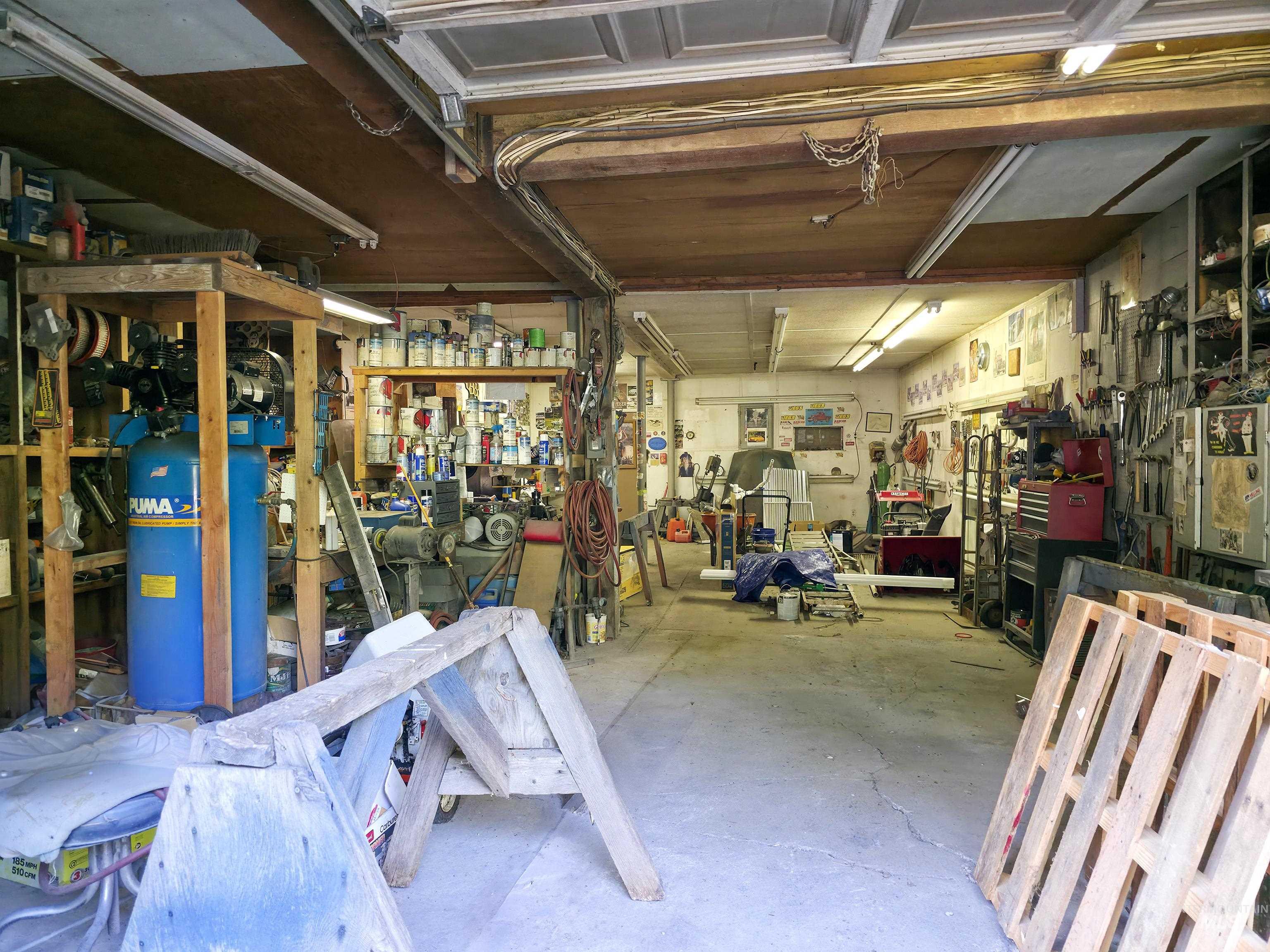 Garage with a workshop area