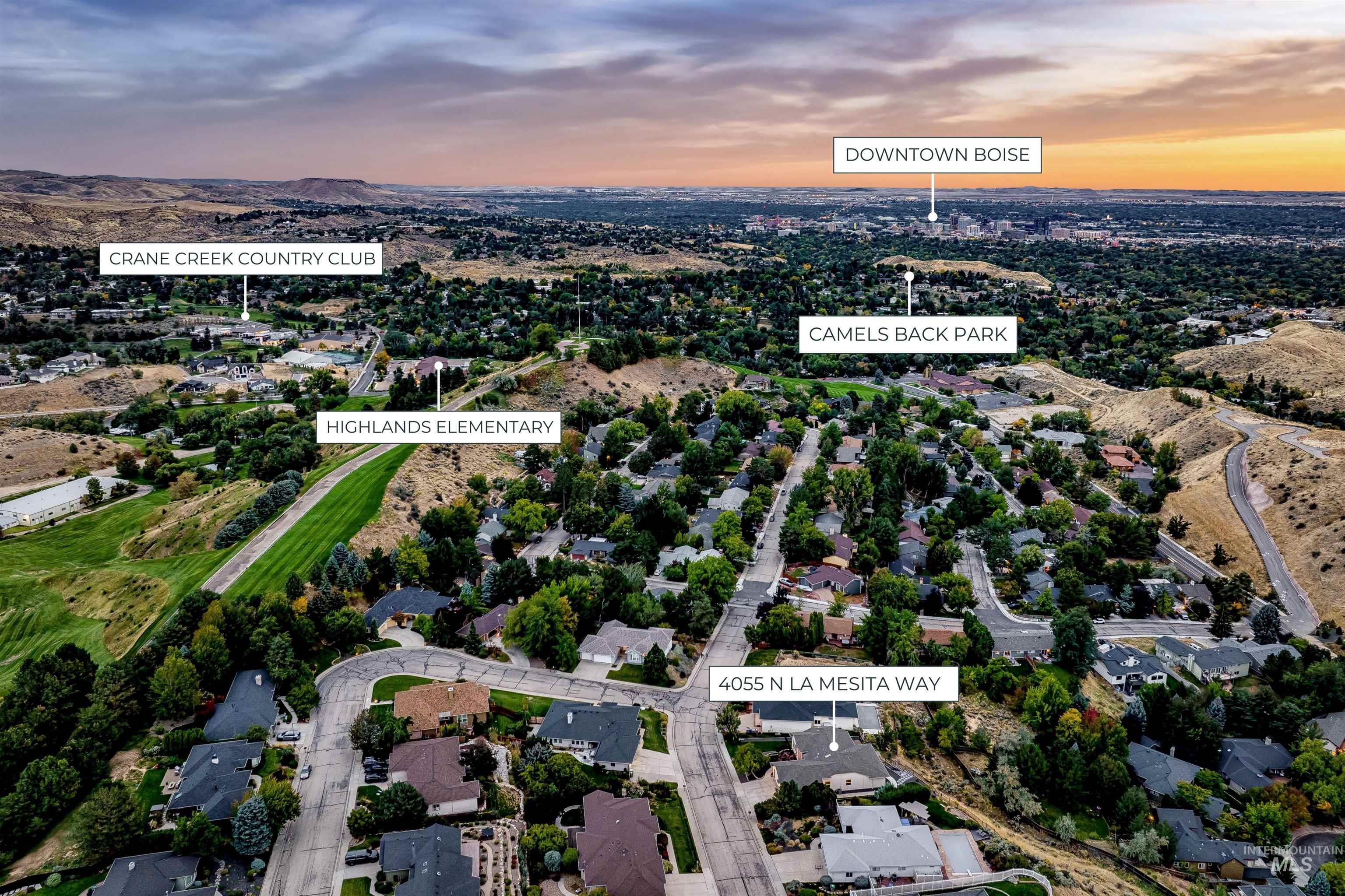 Aerial view at dusk of a residential view