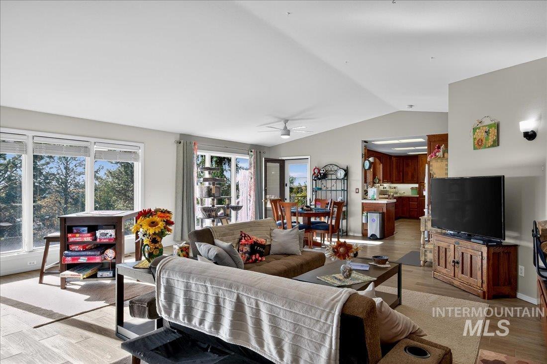 Living area featuring light wood-style flooring, lofted ceiling, and a ceiling fan