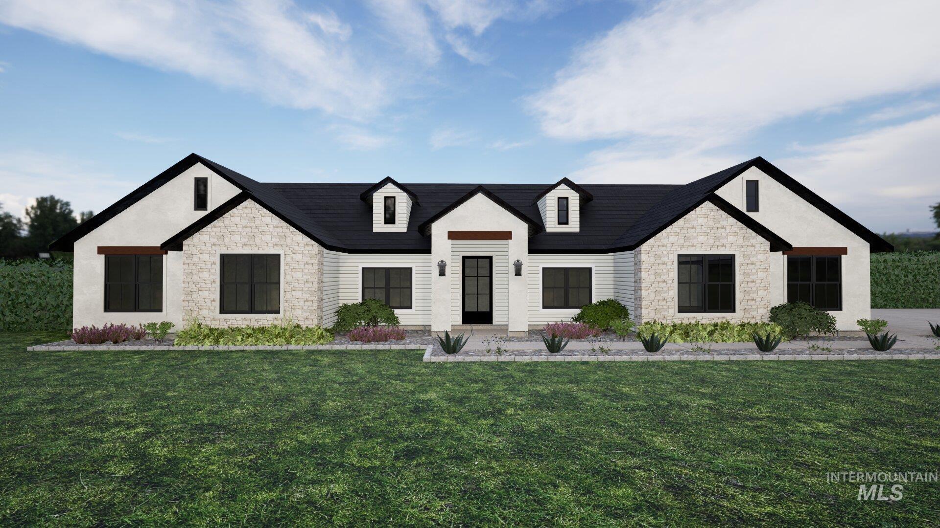 Modern inspired farmhouse with stone siding, a front lawn, and stucco siding