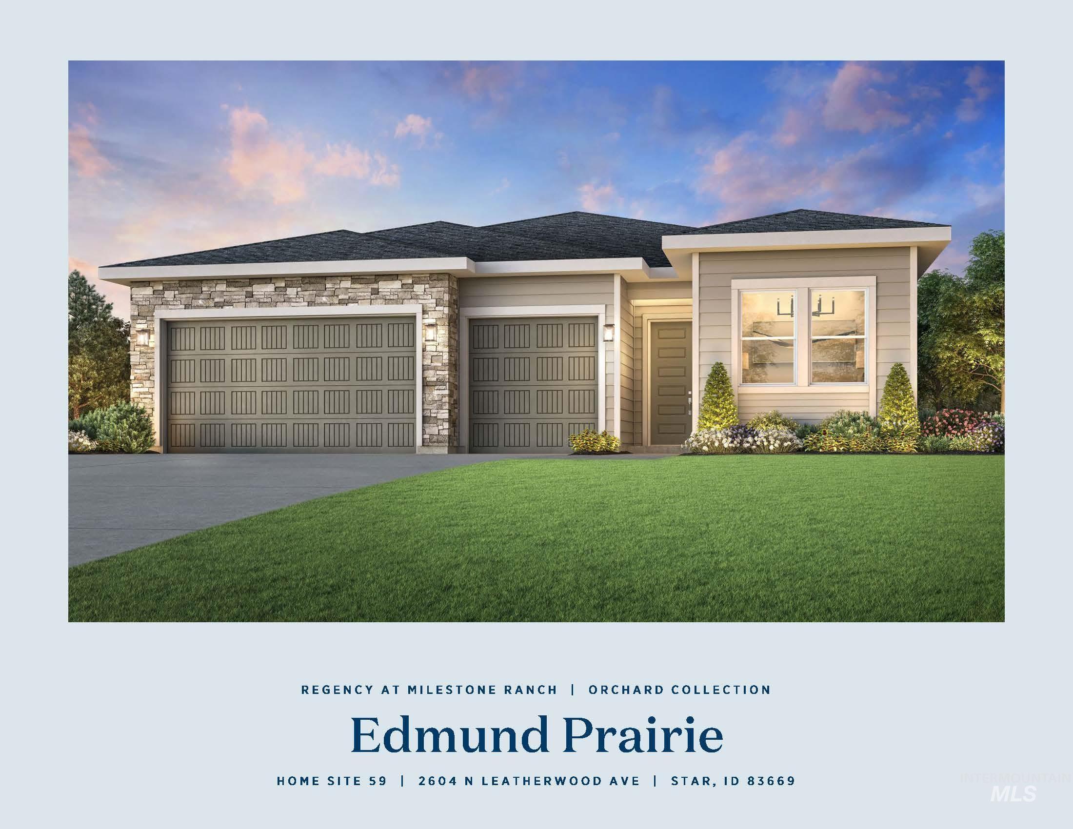 View of front facade featuring an attached garage, a front lawn, driveway, and stone siding