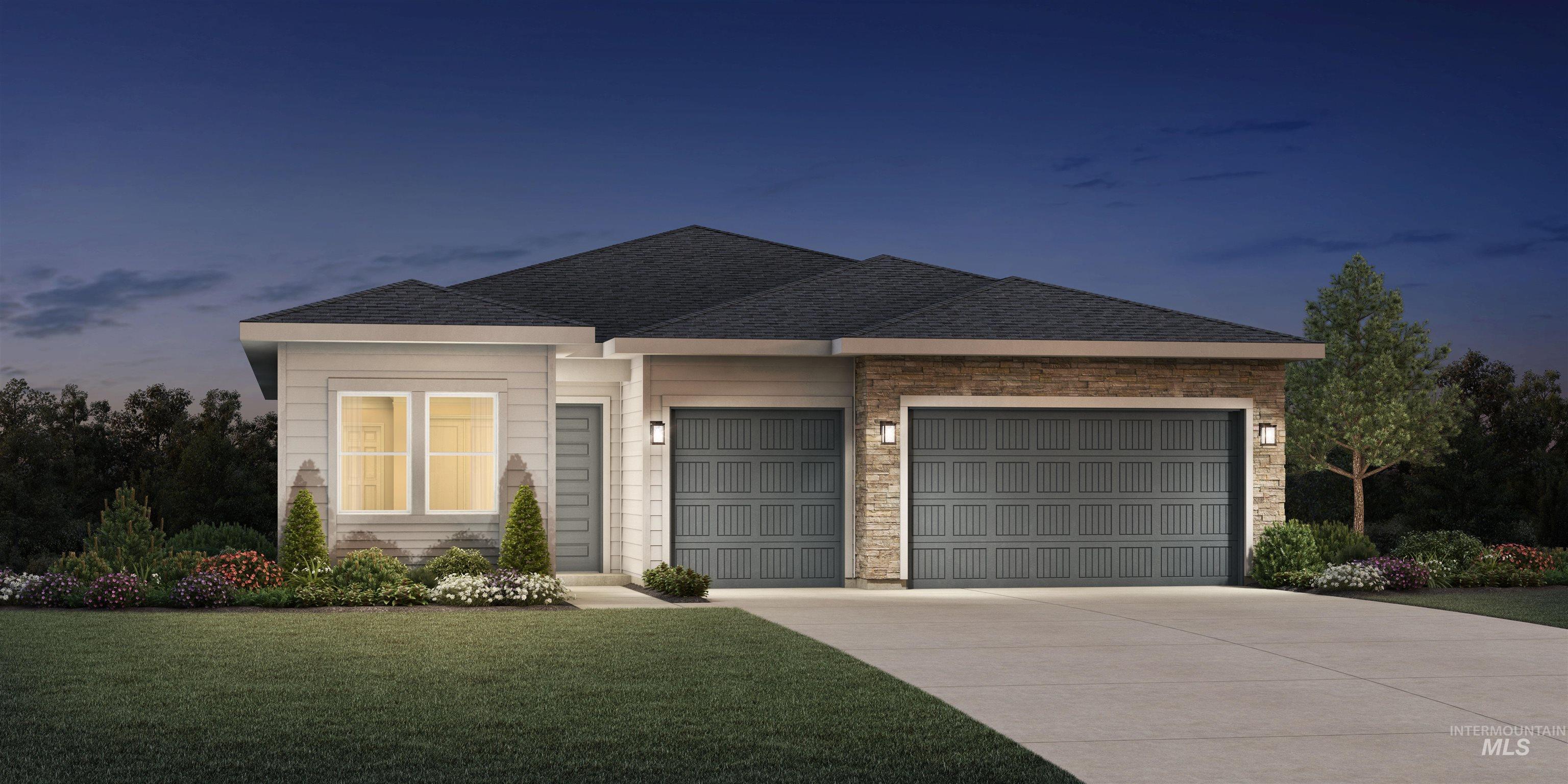 View of front facade with an attached garage, concrete driveway, a front yard, stone siding, and roof with shingles