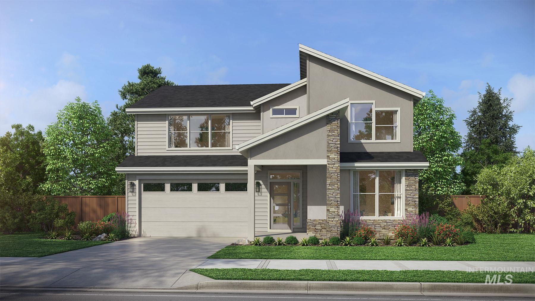 View of front of property with stone siding, an attached garage, driveway, stucco siding, and roof with shingles