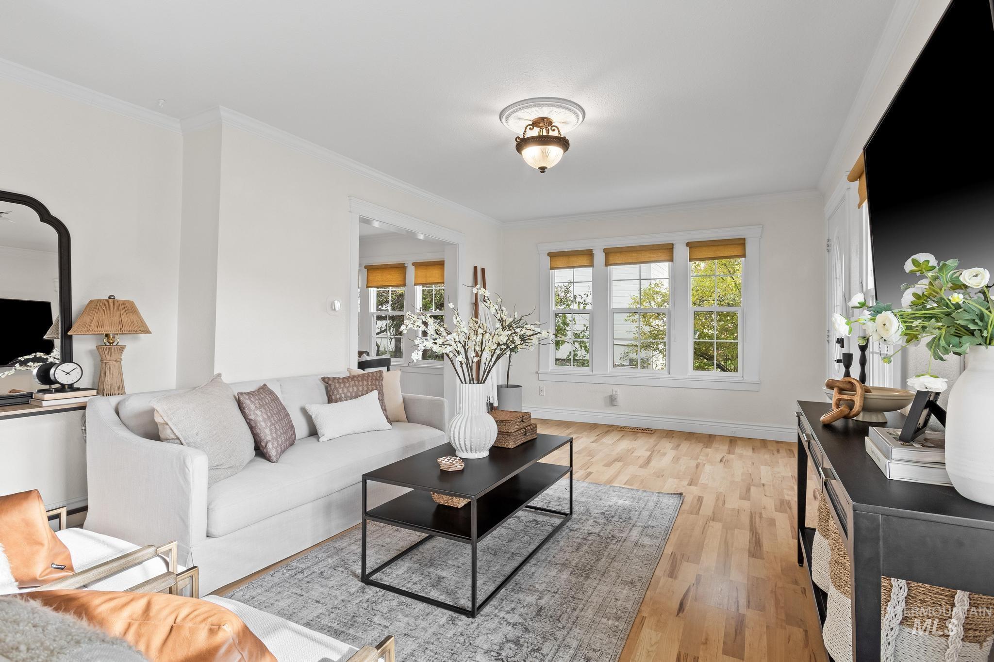 Living room with crown molding, light wood-style floors, and a baseboard radiator