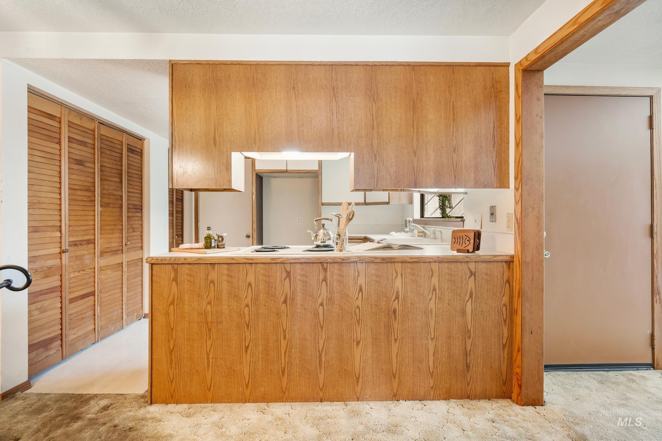 Kitchen with light carpet and brown cabinets