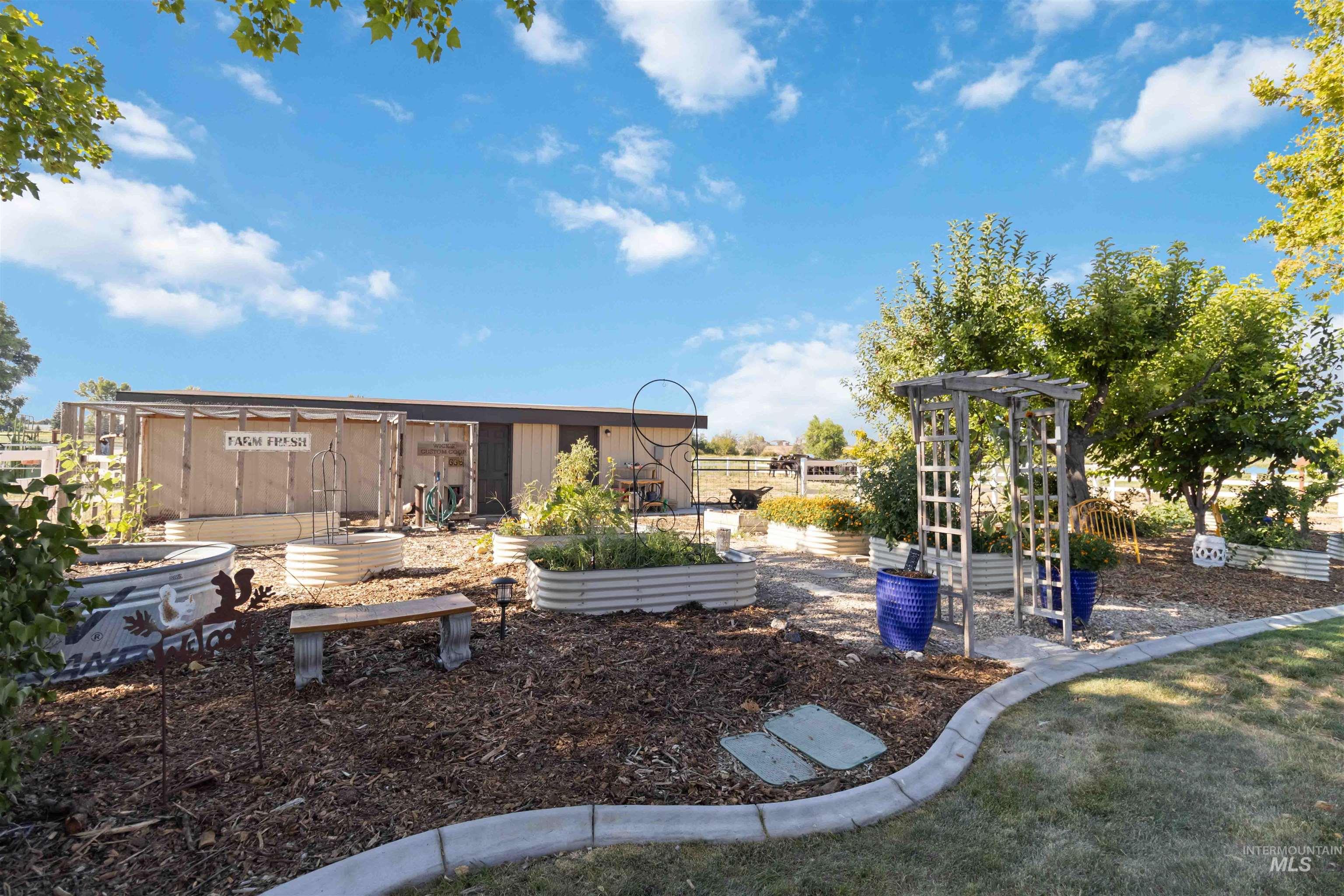 Vego garden beds, chicken run, storage shed area