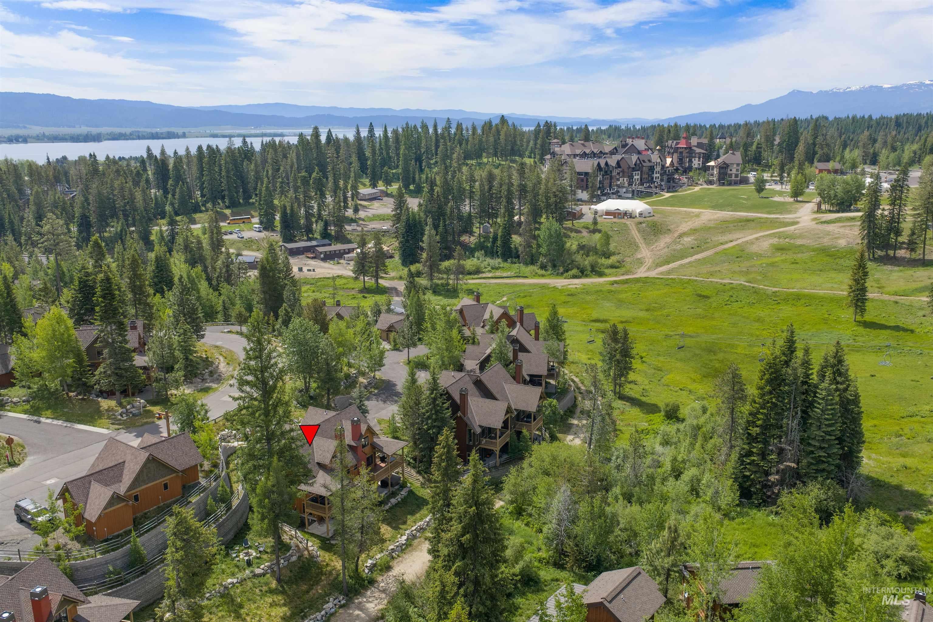 Aerial perspective featuring multiple residential structures surrounded by dense evergreen and deciduous trees