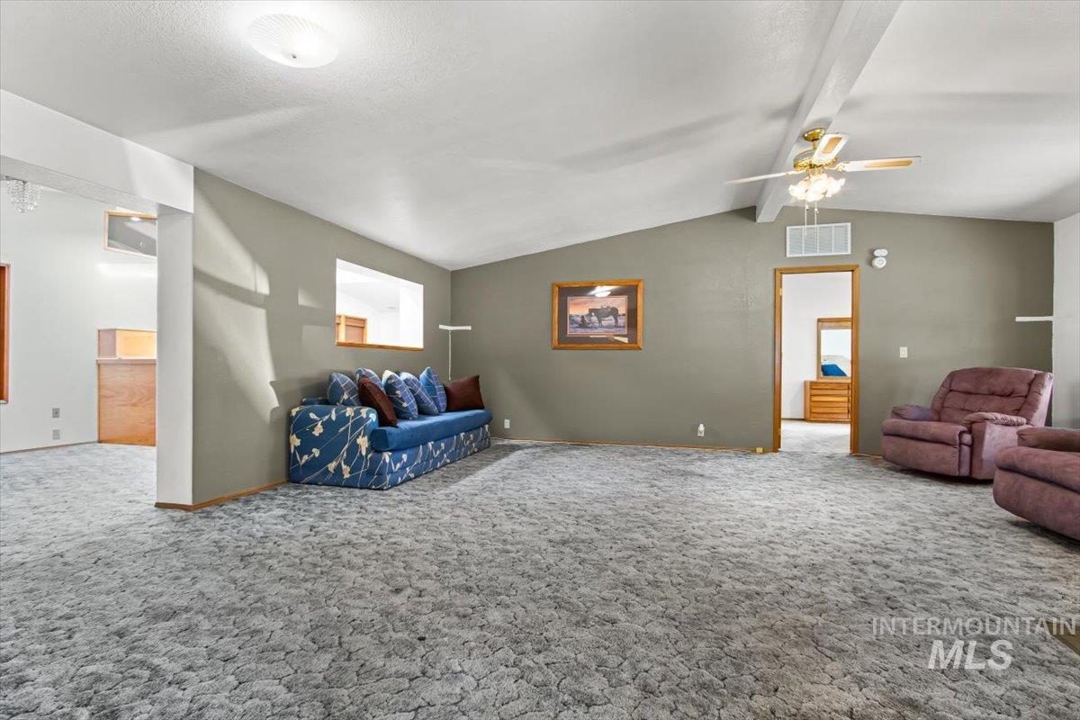 Living room featuring carpet flooring and a ceiling fan