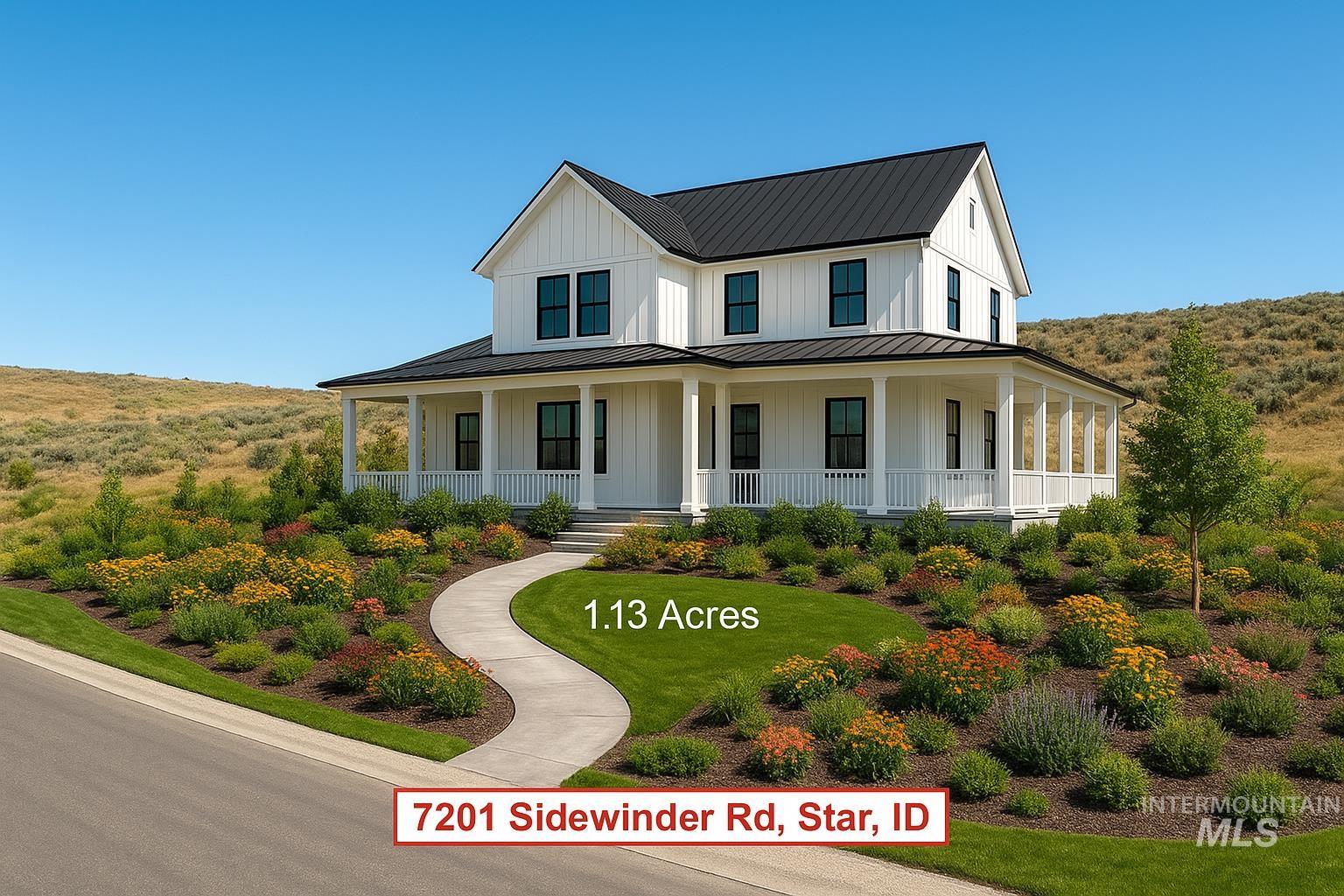 Modern farmhouse with board and batten siding, a large porch, a metal roof, and a standing seam roof