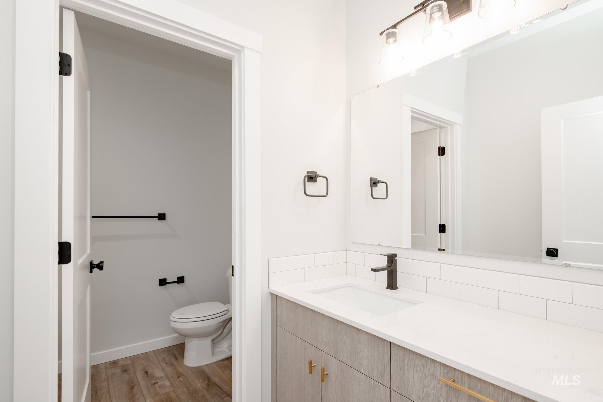 Bathroom with vanity, wood finished floors, and decorative backsplash