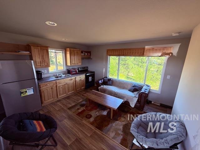 Living room with dark wood-type flooring and recessed lighting