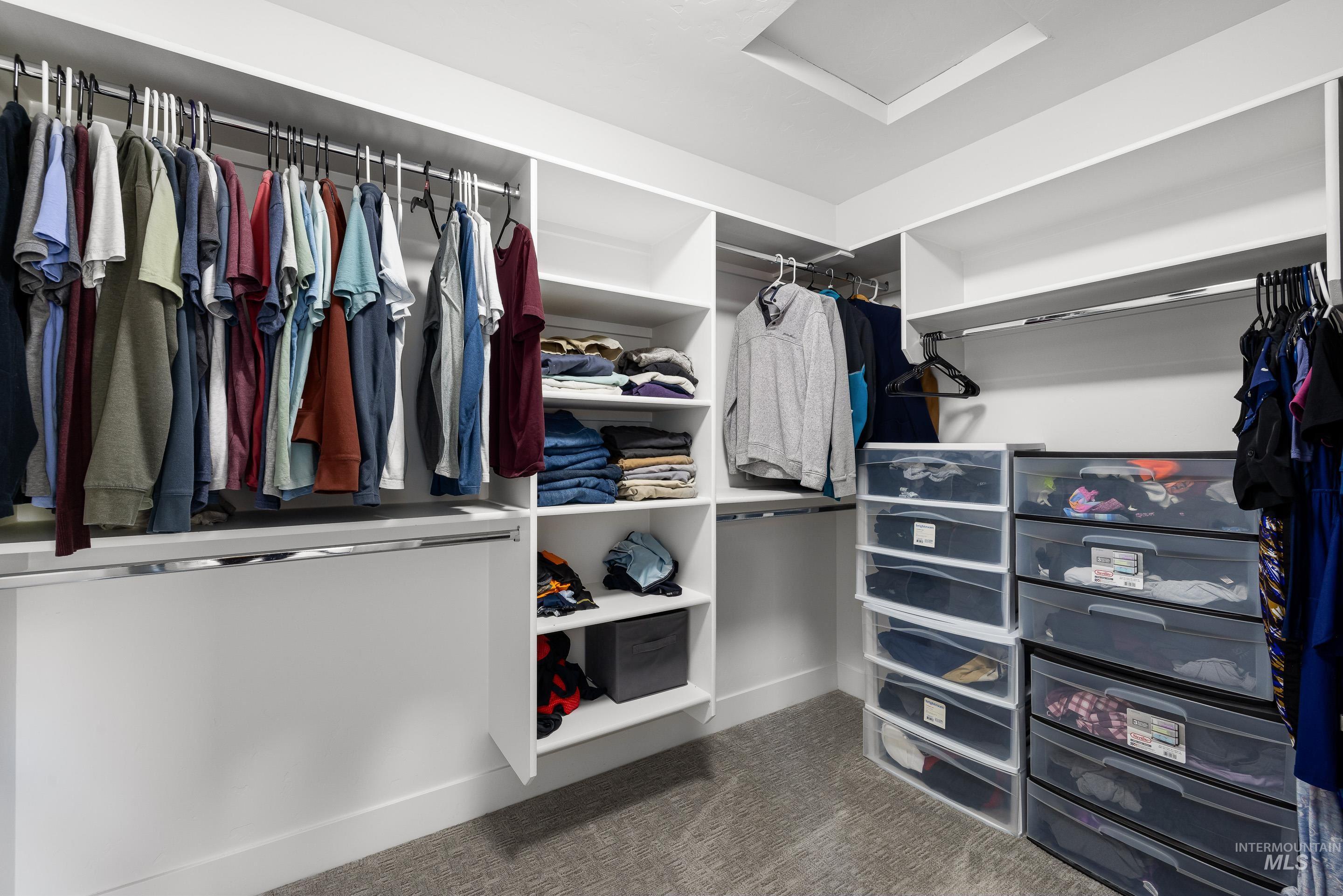Spacious closet featuring light colored carpet and attic access