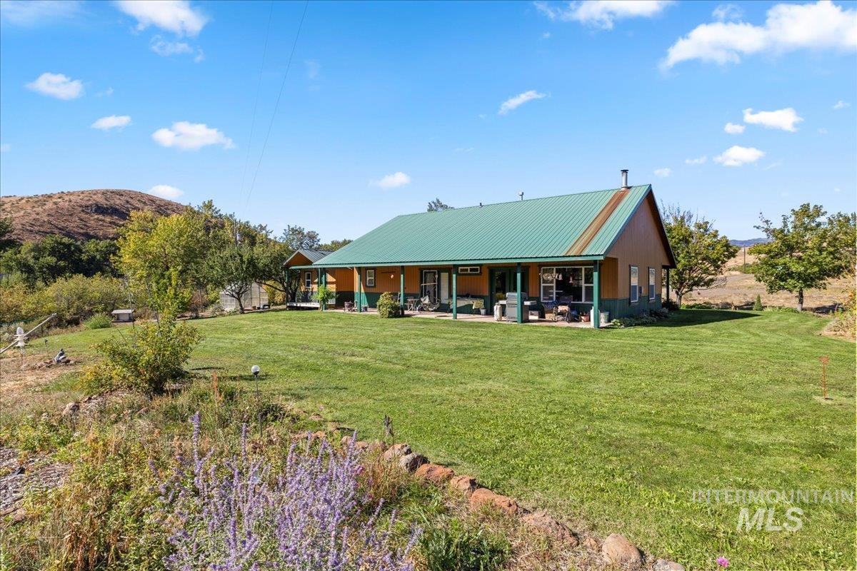Back of property featuring a patio area, a metal roof, a lawn, and a mountain view