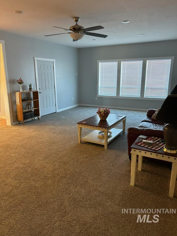 Carpeted living room with plenty of natural light and a ceiling fan