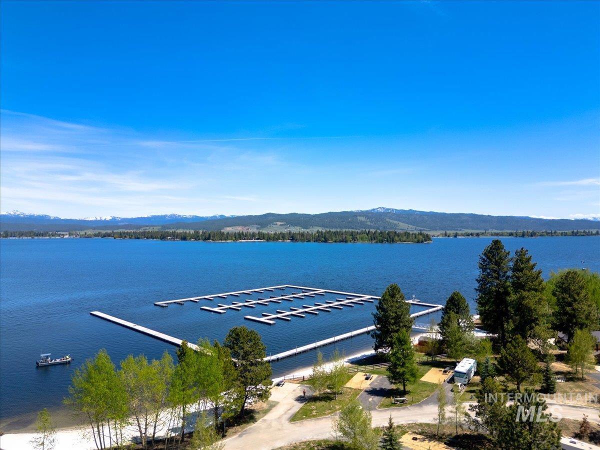Expansive waterfront property featuring a large marina with multiple boat slips, sandy beach frontage, and mature trees