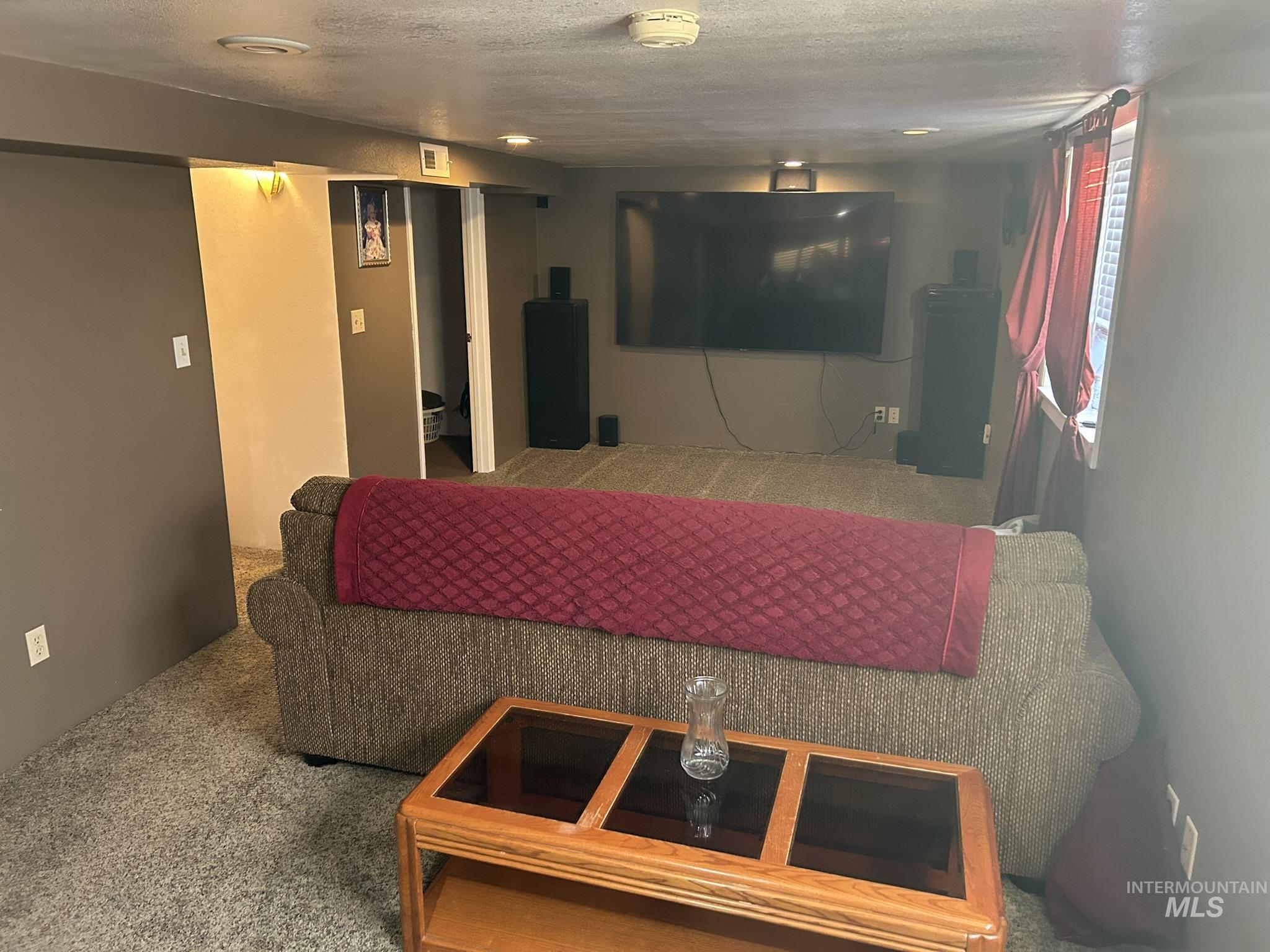 Living area with carpet and a textured ceiling
