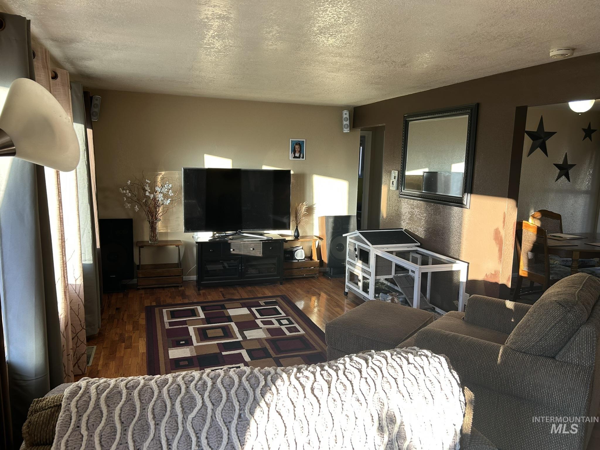 Living area with a textured ceiling and dark wood-style flooring