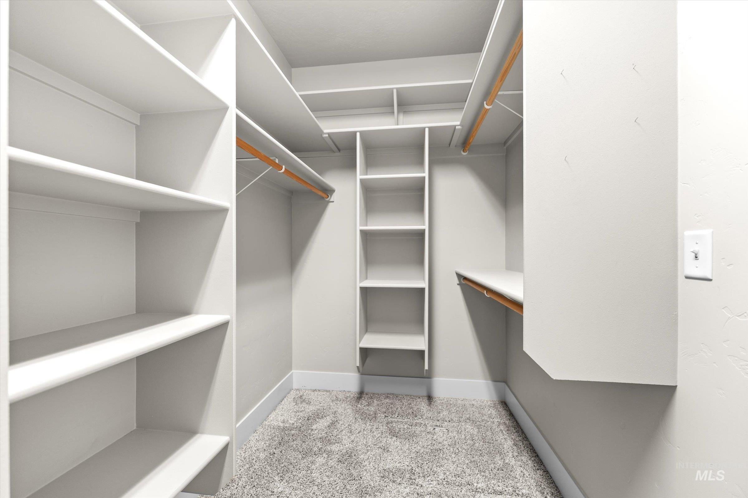 Walk in closet with light colored carpet