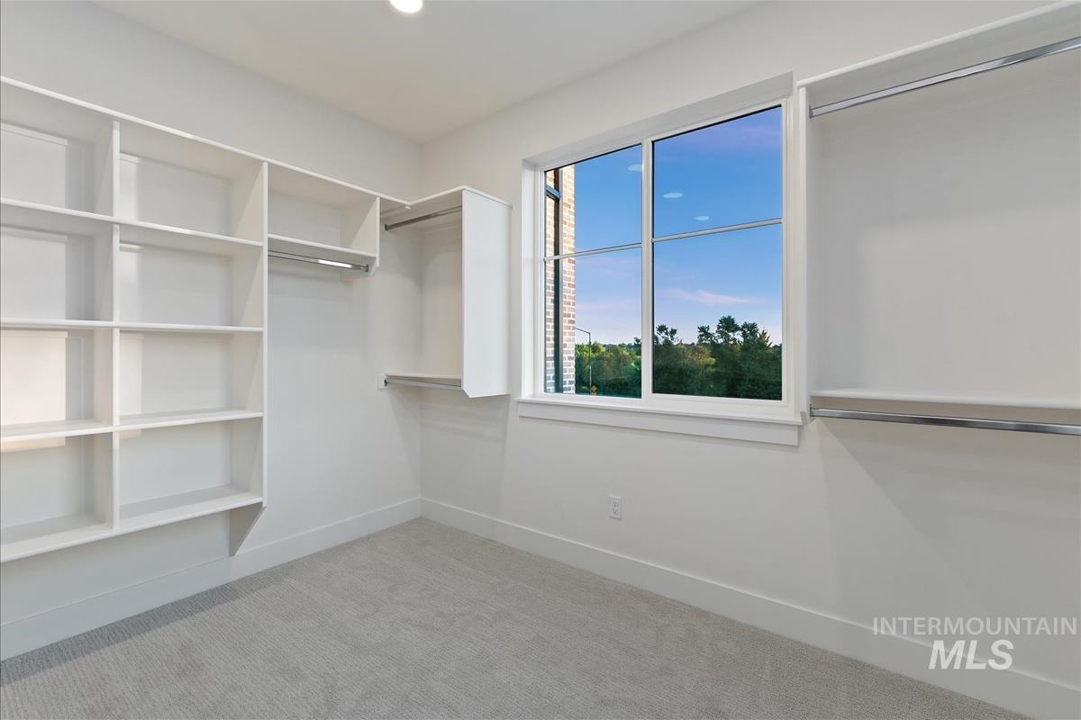 Built-in custom shelving and hanging rods with a window offering natural light, set against light-toned carpeting and white walls