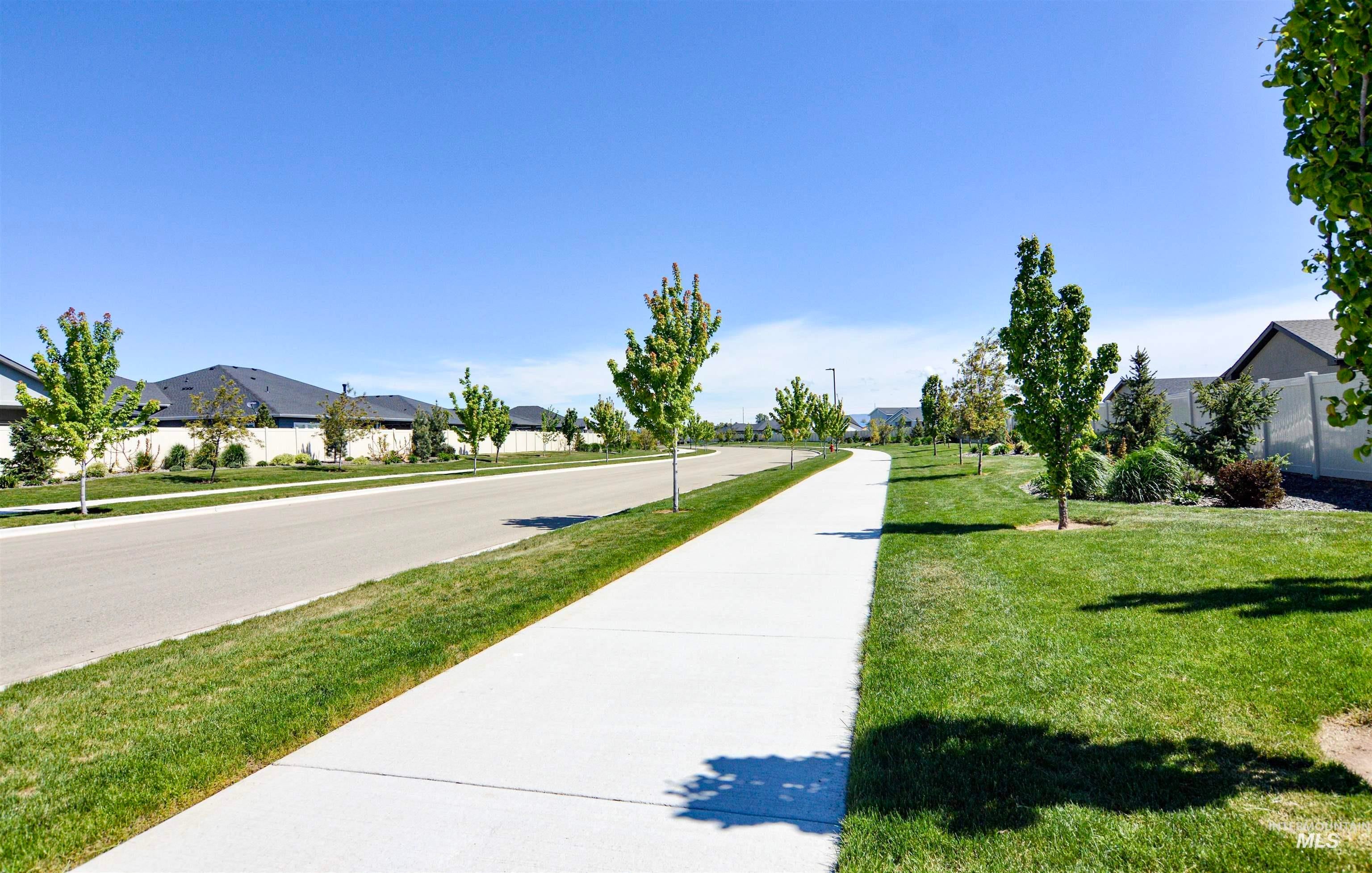 Paved sidewalk bordering a street with manicured lawns and mature trees