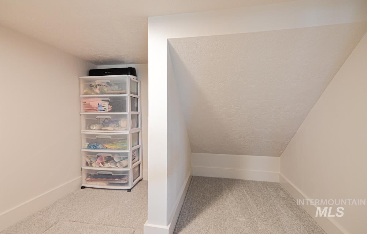 Carpeted under-stair storage area featuring white walls and baseboards