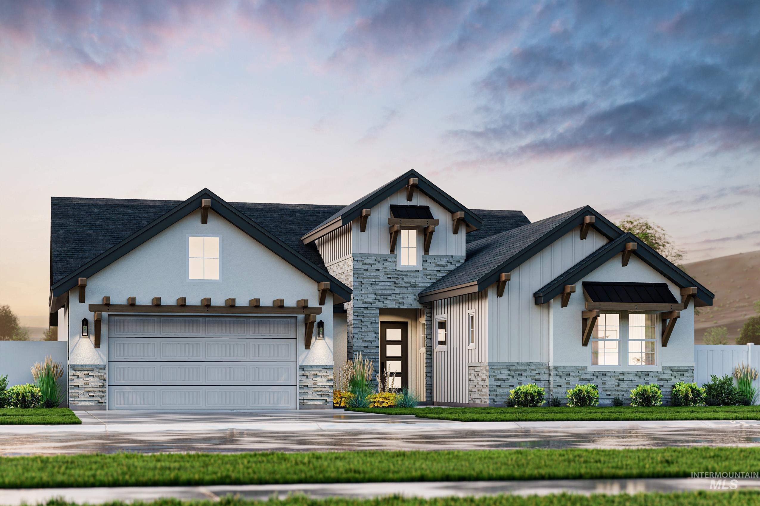 Modern Farmhouse exterior with clean lines, mixed siding, and stone accents