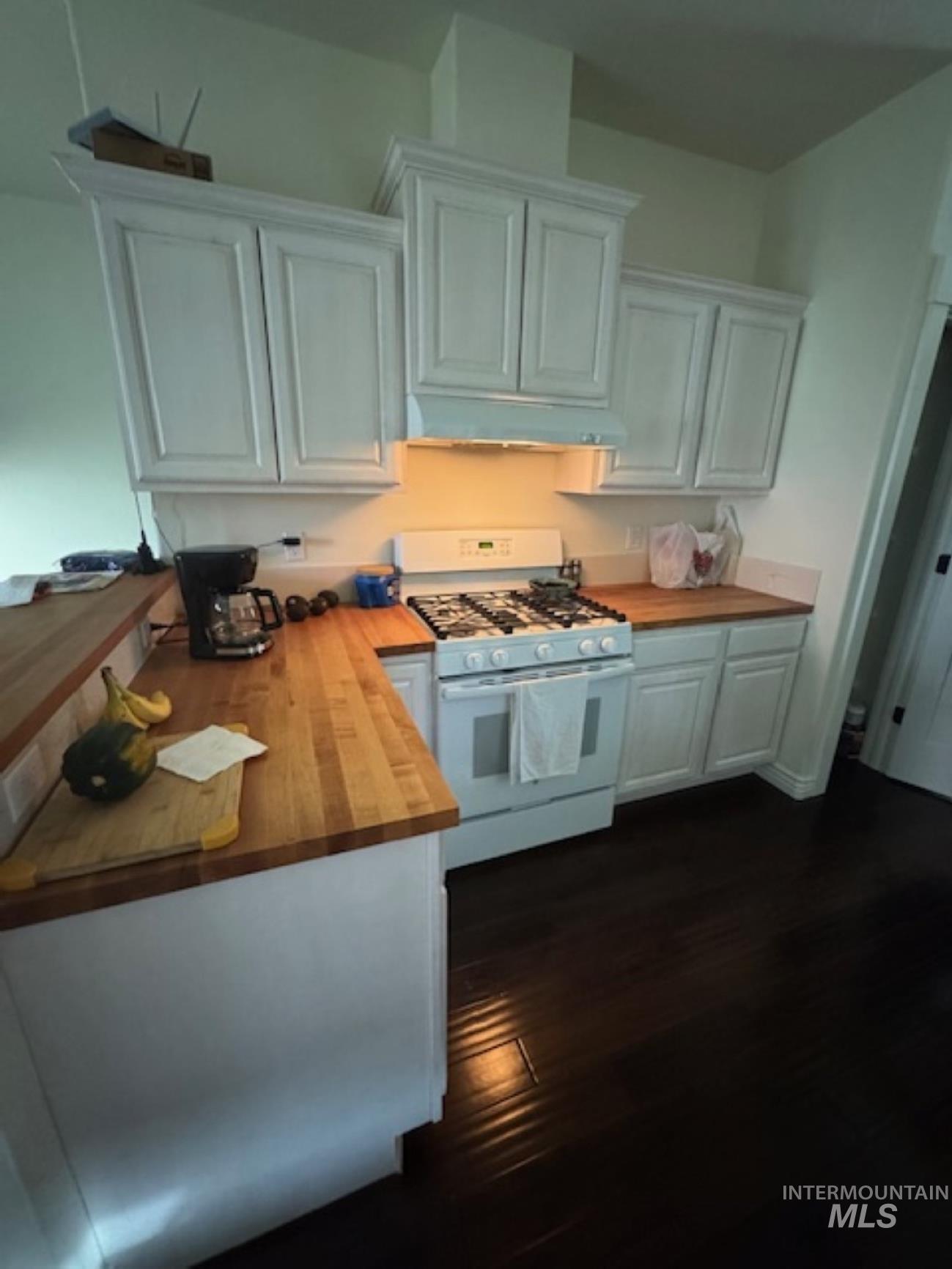 Kitchen featuring wooden counters, white gas range, dark wood-style floors, under cabinet range hood, and a peninsula