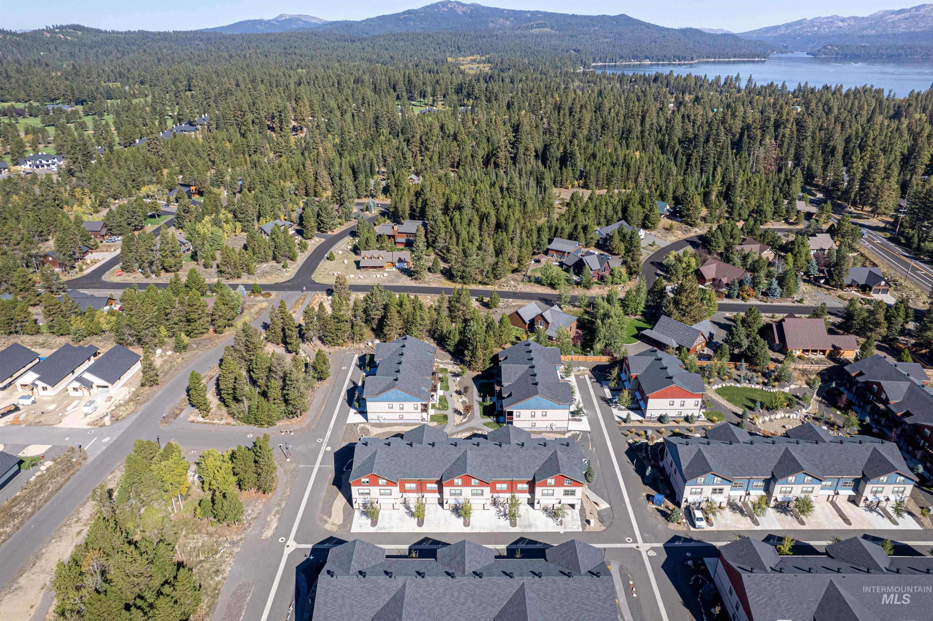 Aerial overview of property's location with a mountain backdrop and a heavily wooded area