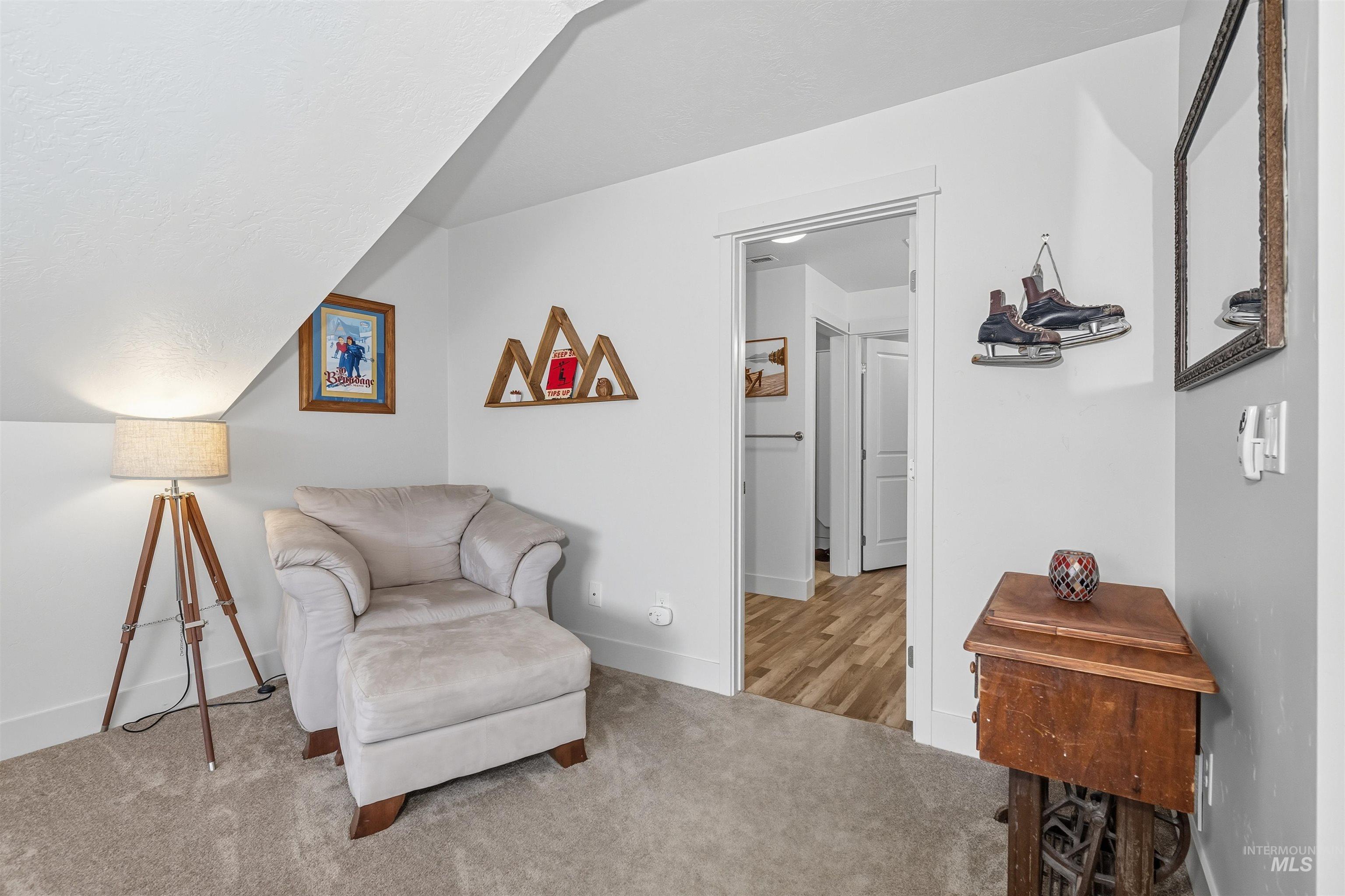 Sitting room featuring light colored carpet, vaulted ceiling, and a textured ceiling
