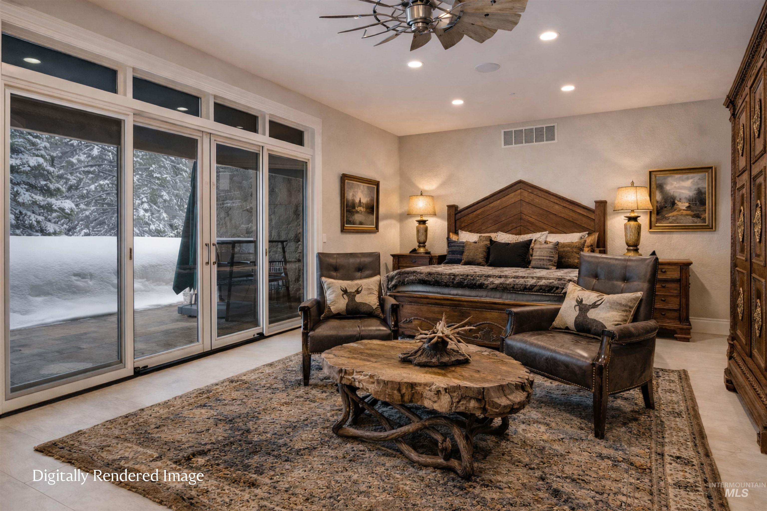 Bedroom with recessed lighting and access to exterior