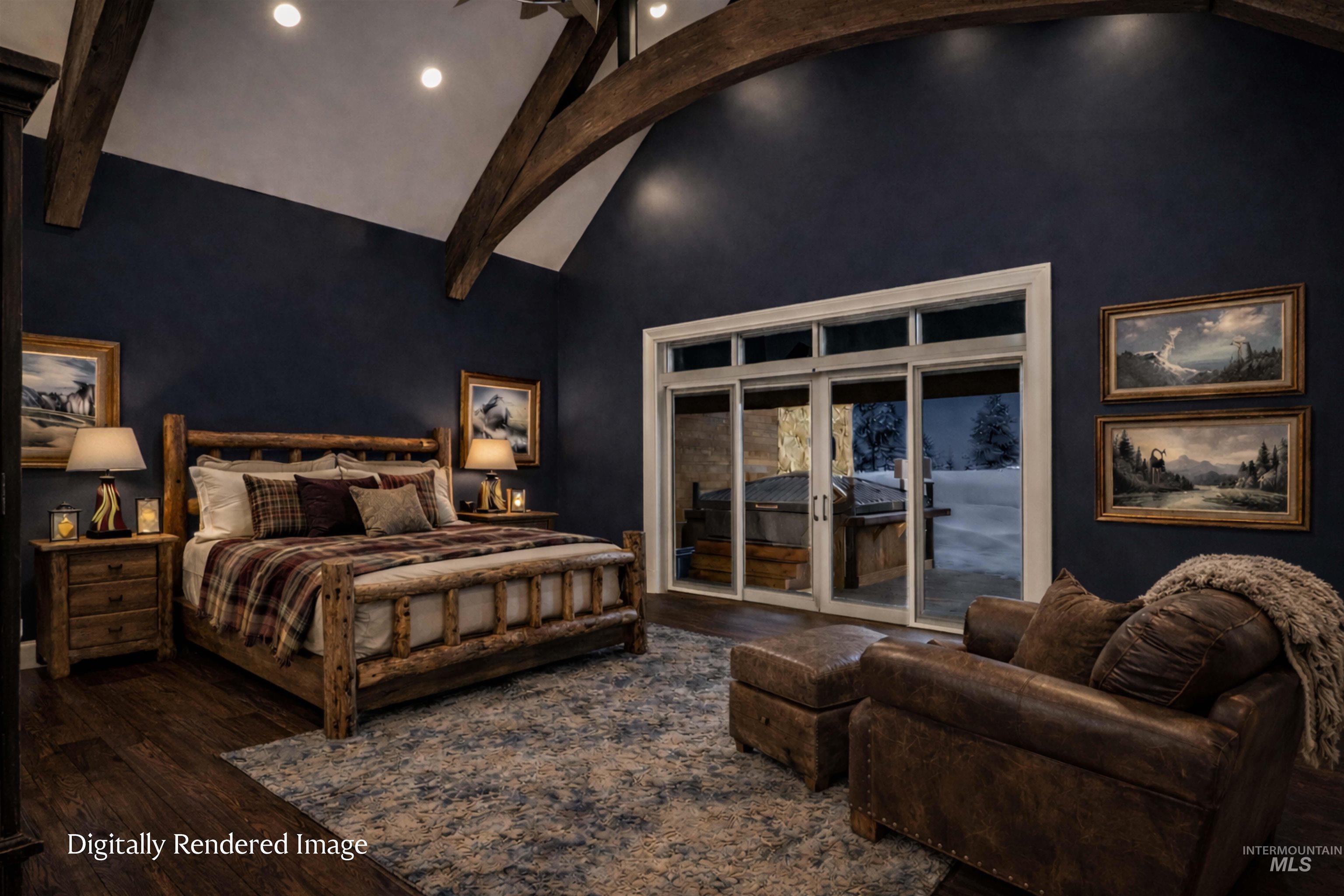 Bedroom featuring hardwood / wood-style flooring, vaulted ceiling, access to exterior, and recessed lighting
