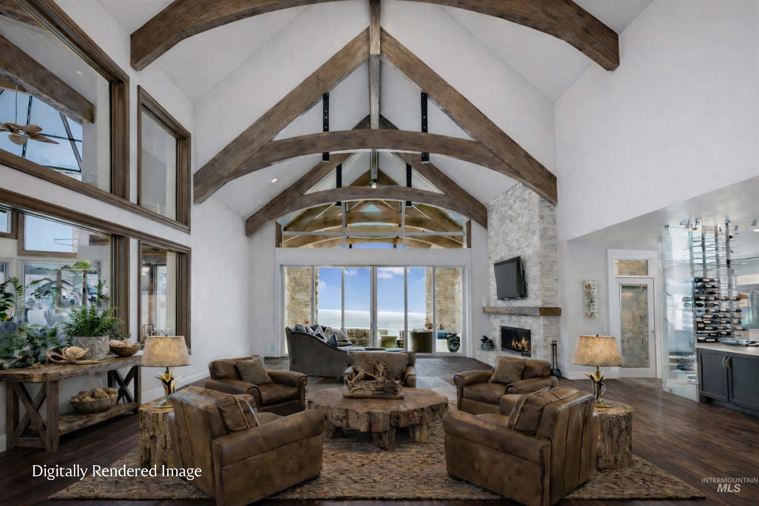 Living area with dark wood-type flooring and a stone fireplace