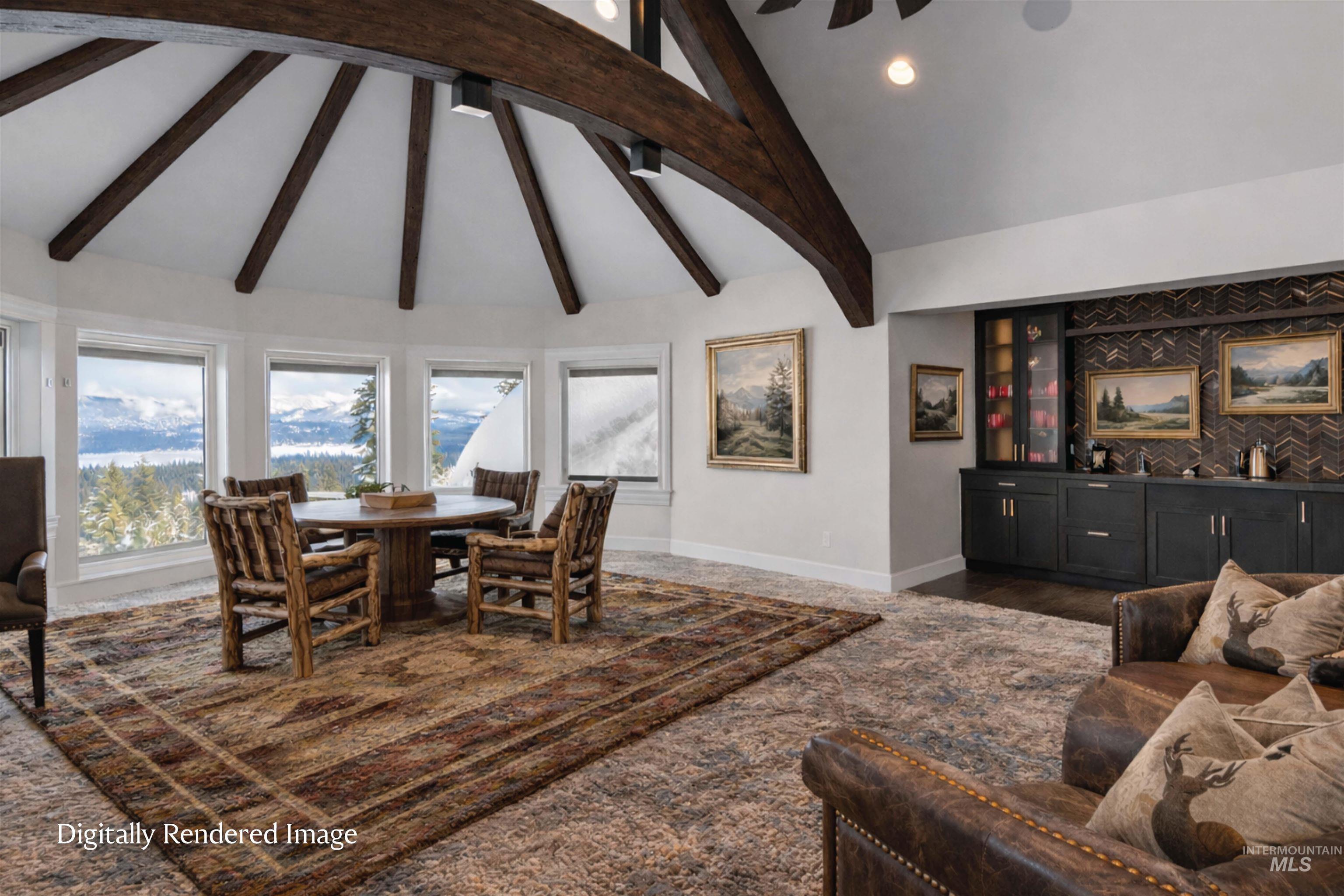 Dining space with vaulted ceiling and baseboards