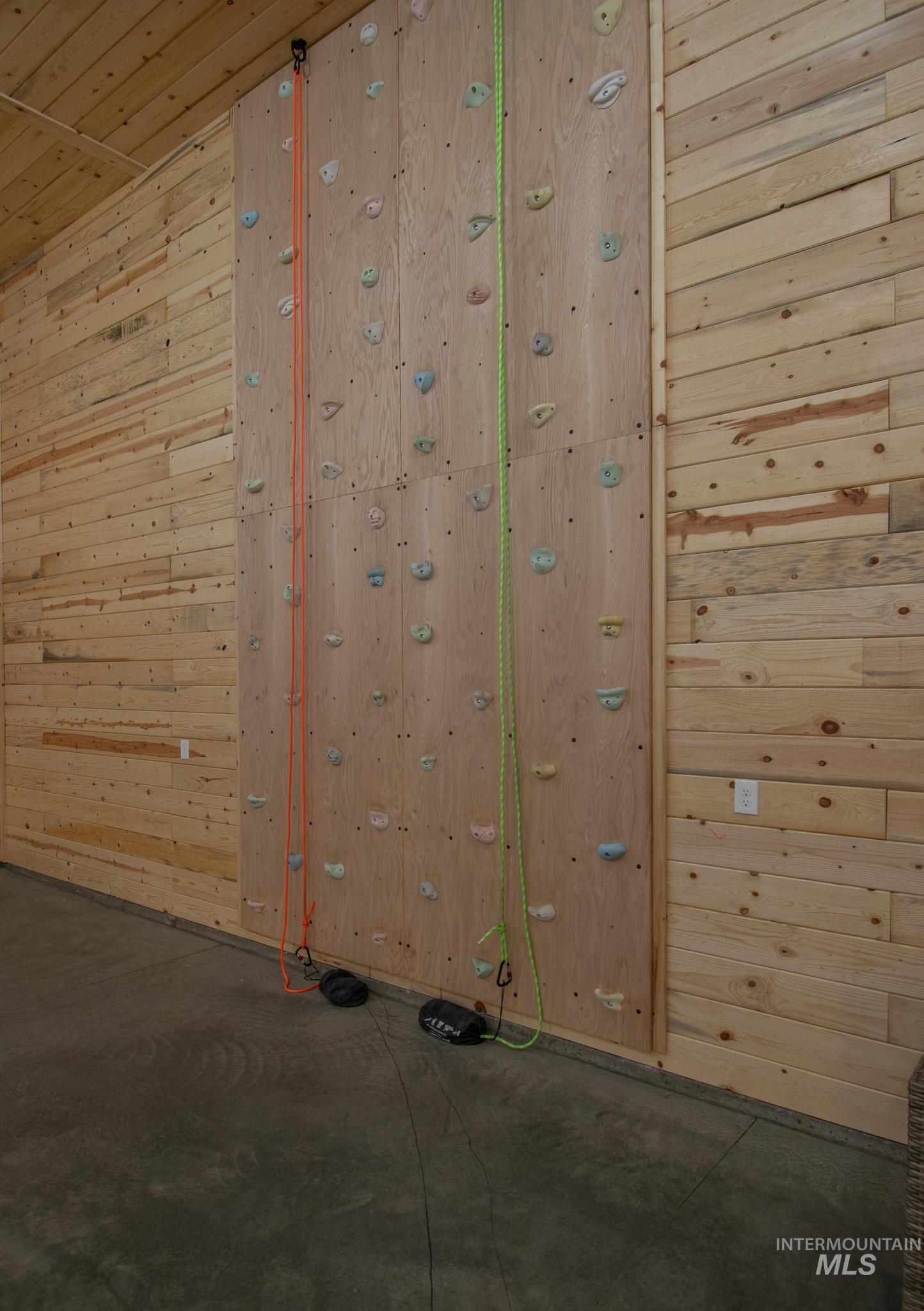 Indoor climbing wall with varied holds, set against light wood-planked walls