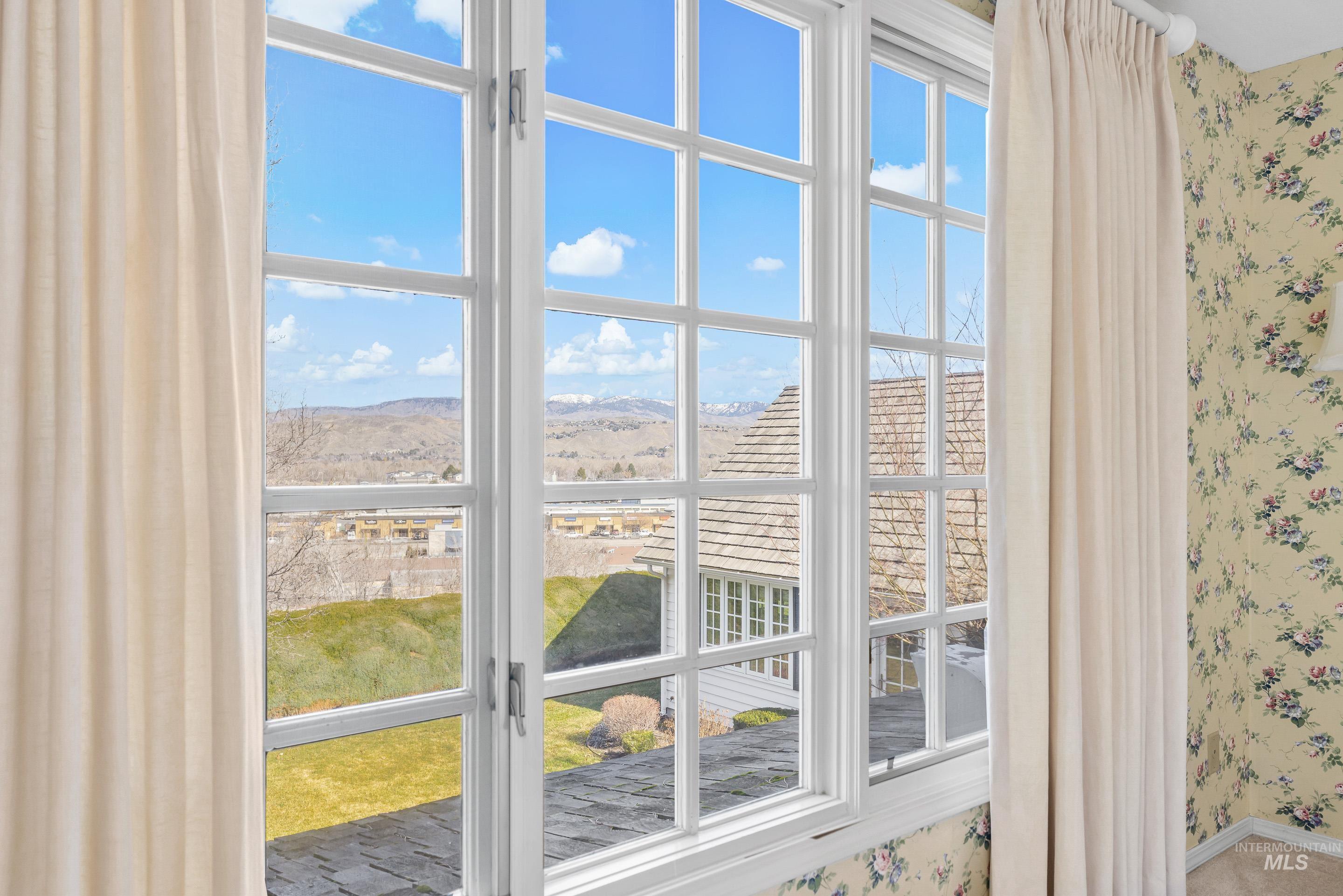 Detailed view of a mountain backdrop and wallpapered walls