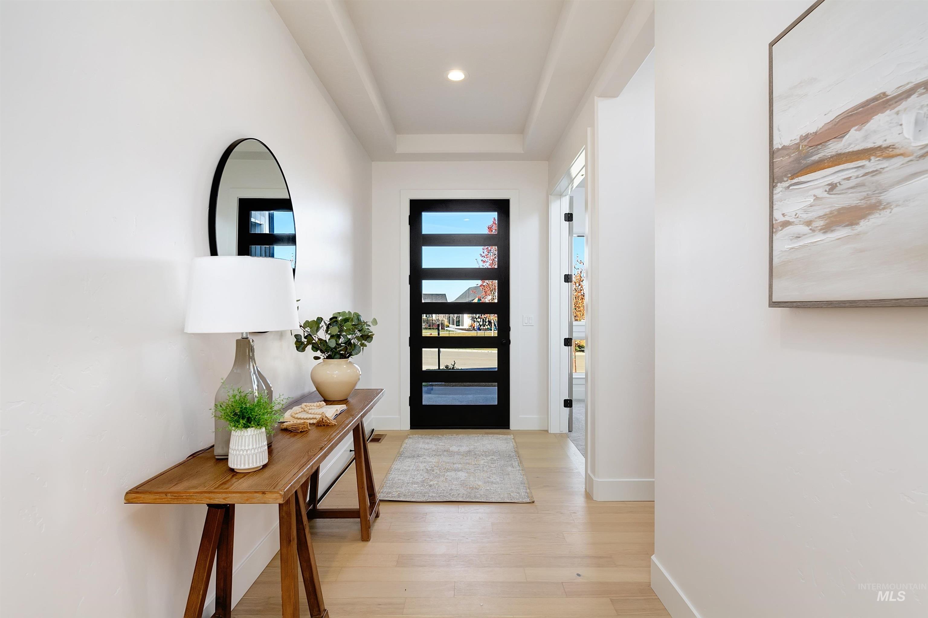 Entryway featuring light wood-finish flooring, a contemporary black door with horizontal glass panels, and a recessed tray ceiling