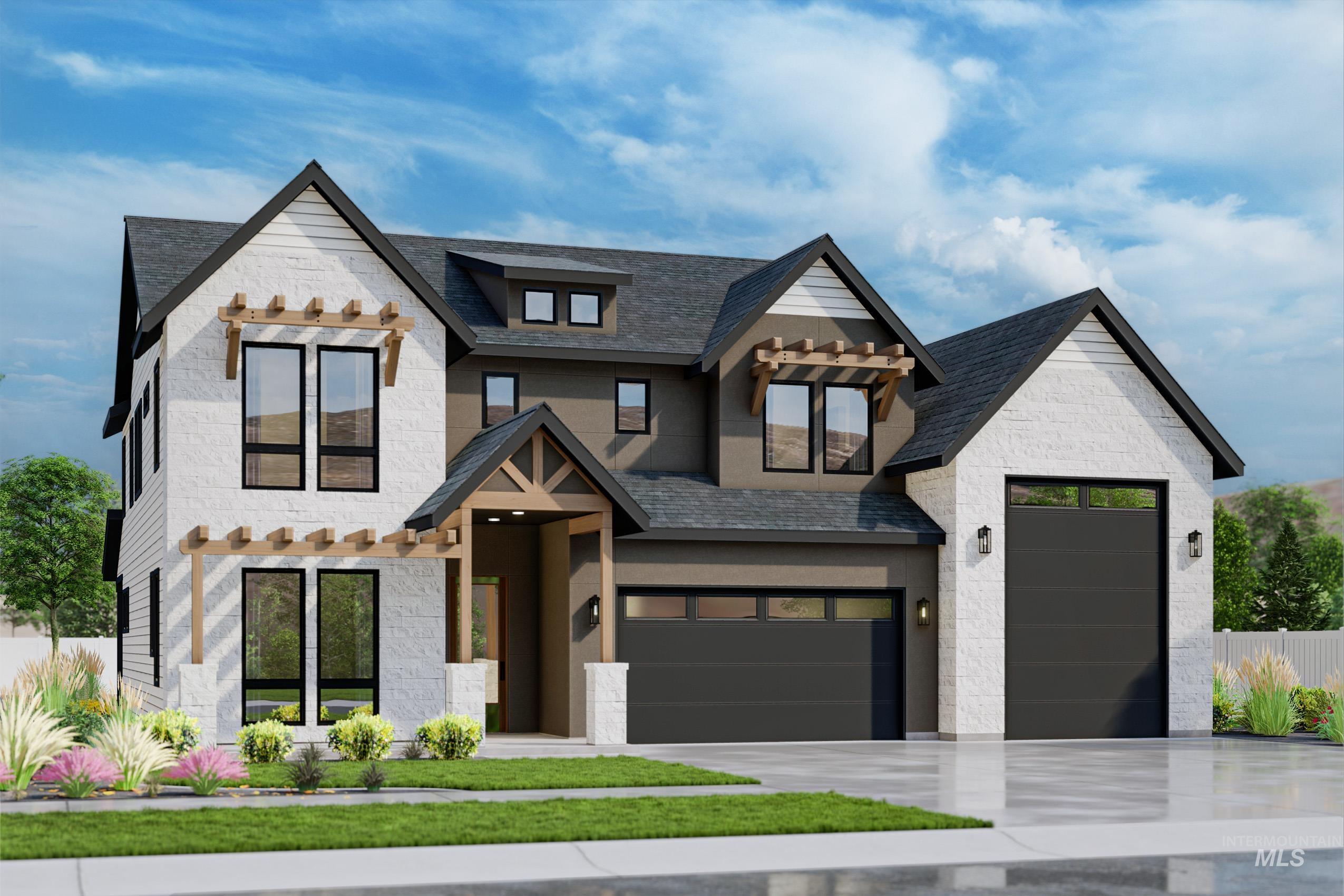Modern farmhouse exterior featuring white brick and dark siding accents