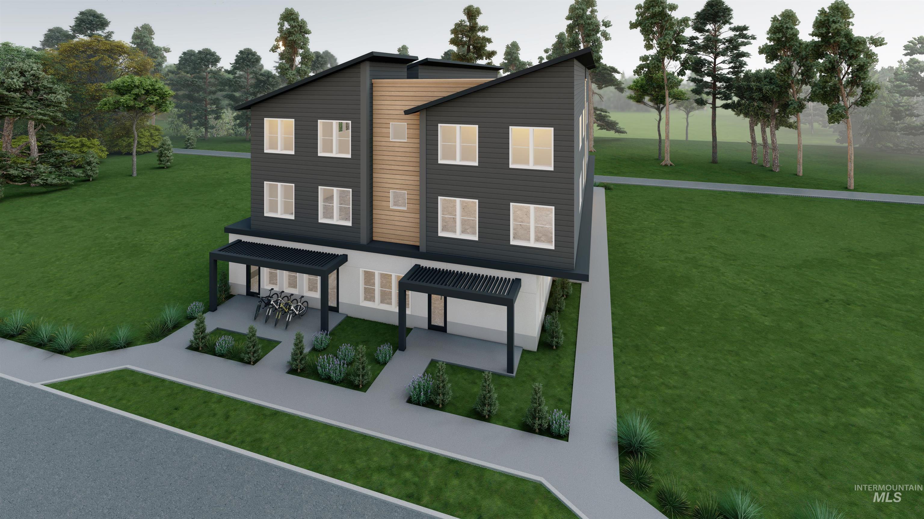 Contemporary house with a front yard and a garage