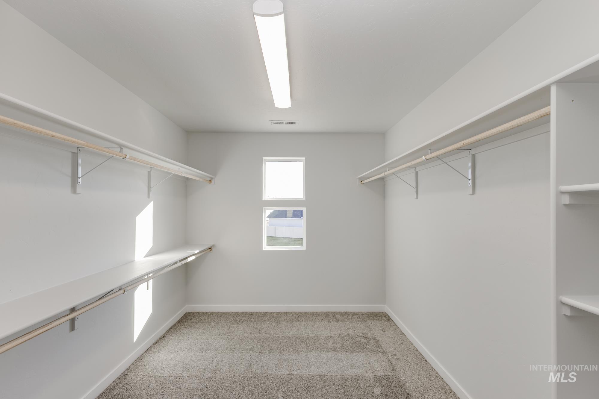 Walk in closet with light colored carpet