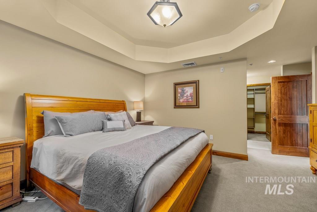 Bedroom with light colored carpet, a tray ceiling, and a spacious closet