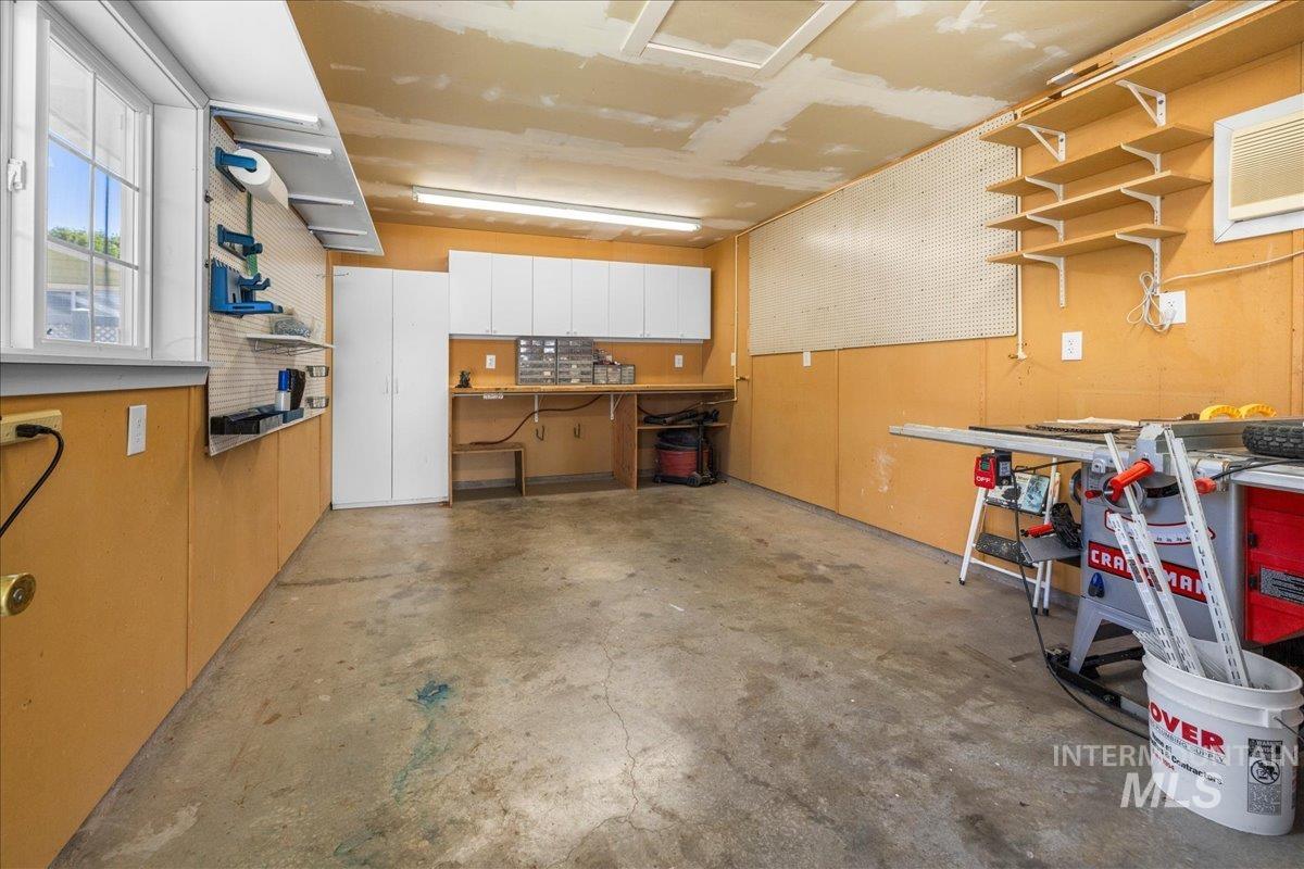 Garage with a workshop area