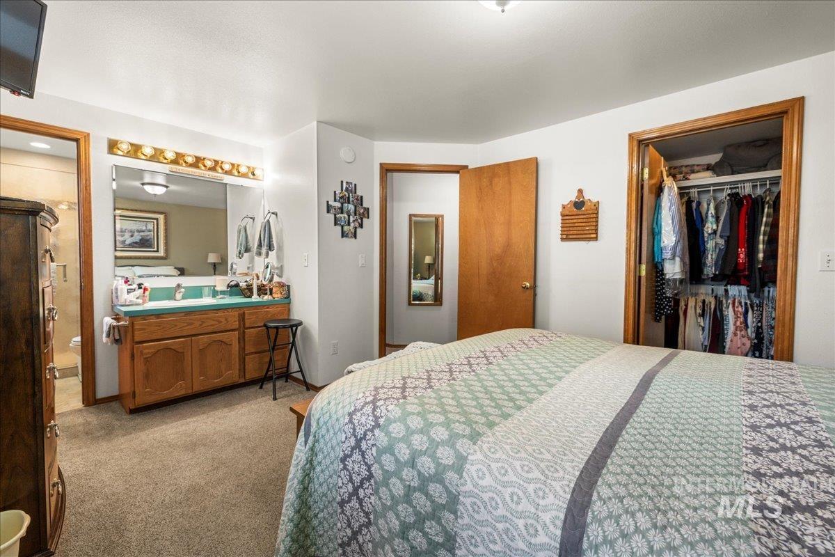 Bedroom with light colored carpet and a walk in closet