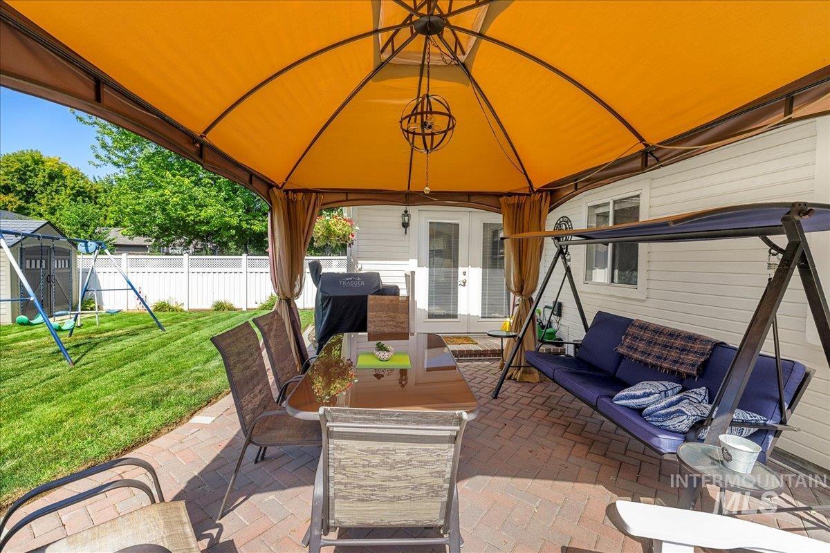 View of patio / terrace featuring a gazebo, french doors, grilling area, and outdoor lounge area