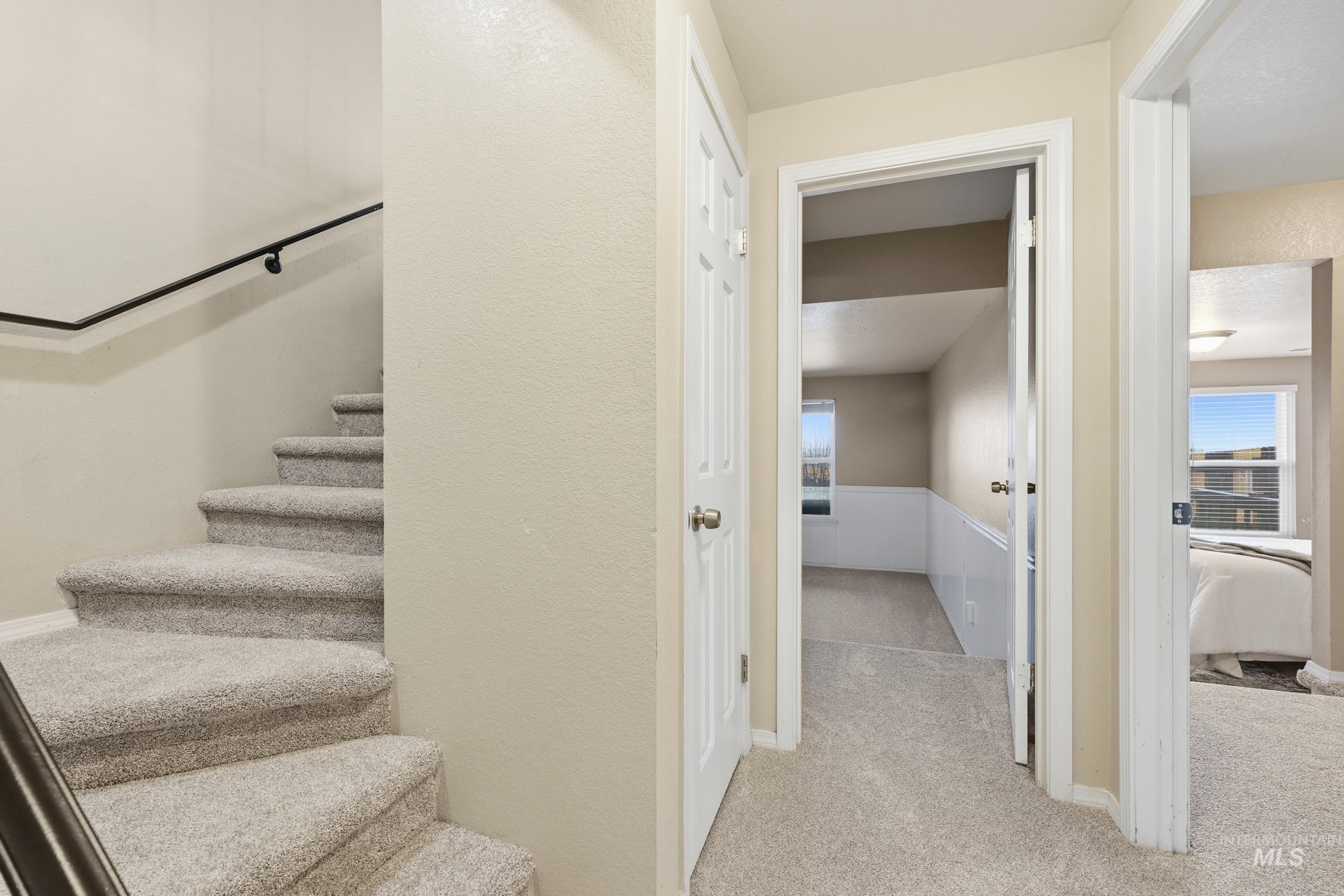 Staircase featuring carpet flooring and a textured wall
