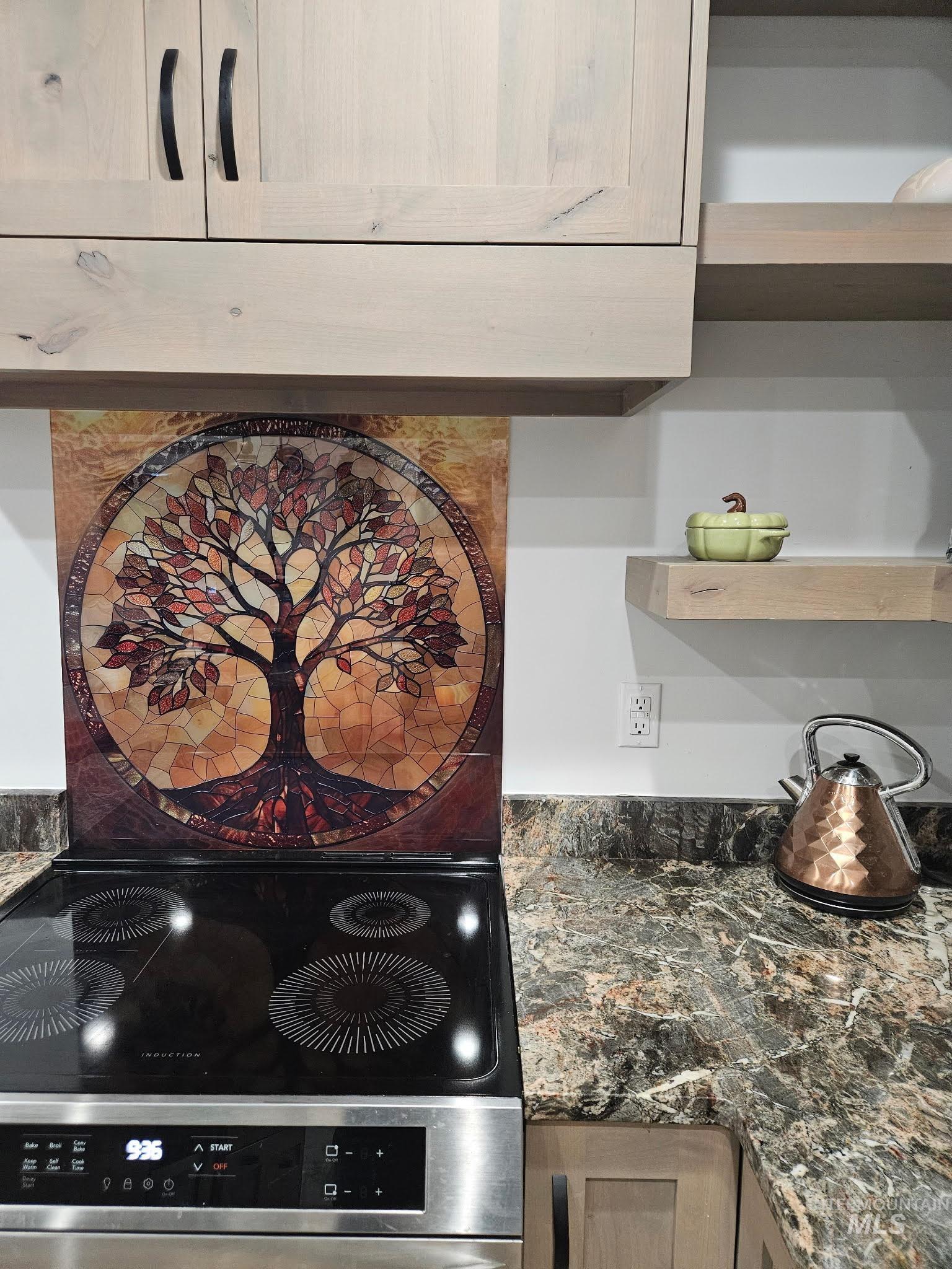 Detailed view of custom backsplash from Turkey oven electric conduction stove and granite countertops