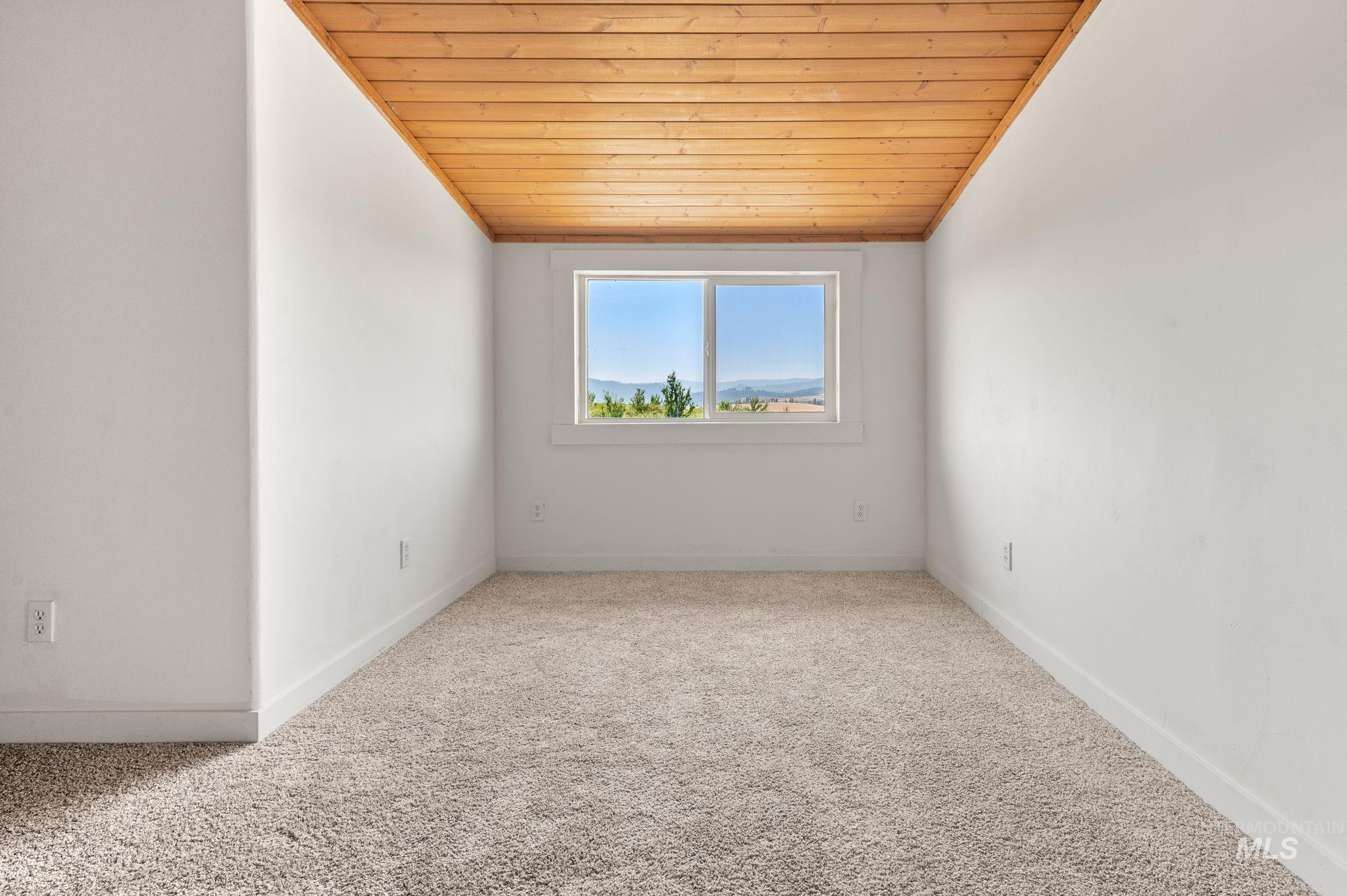 Empty room featuring wooden ceiling, light carpet, and vaulted ceiling