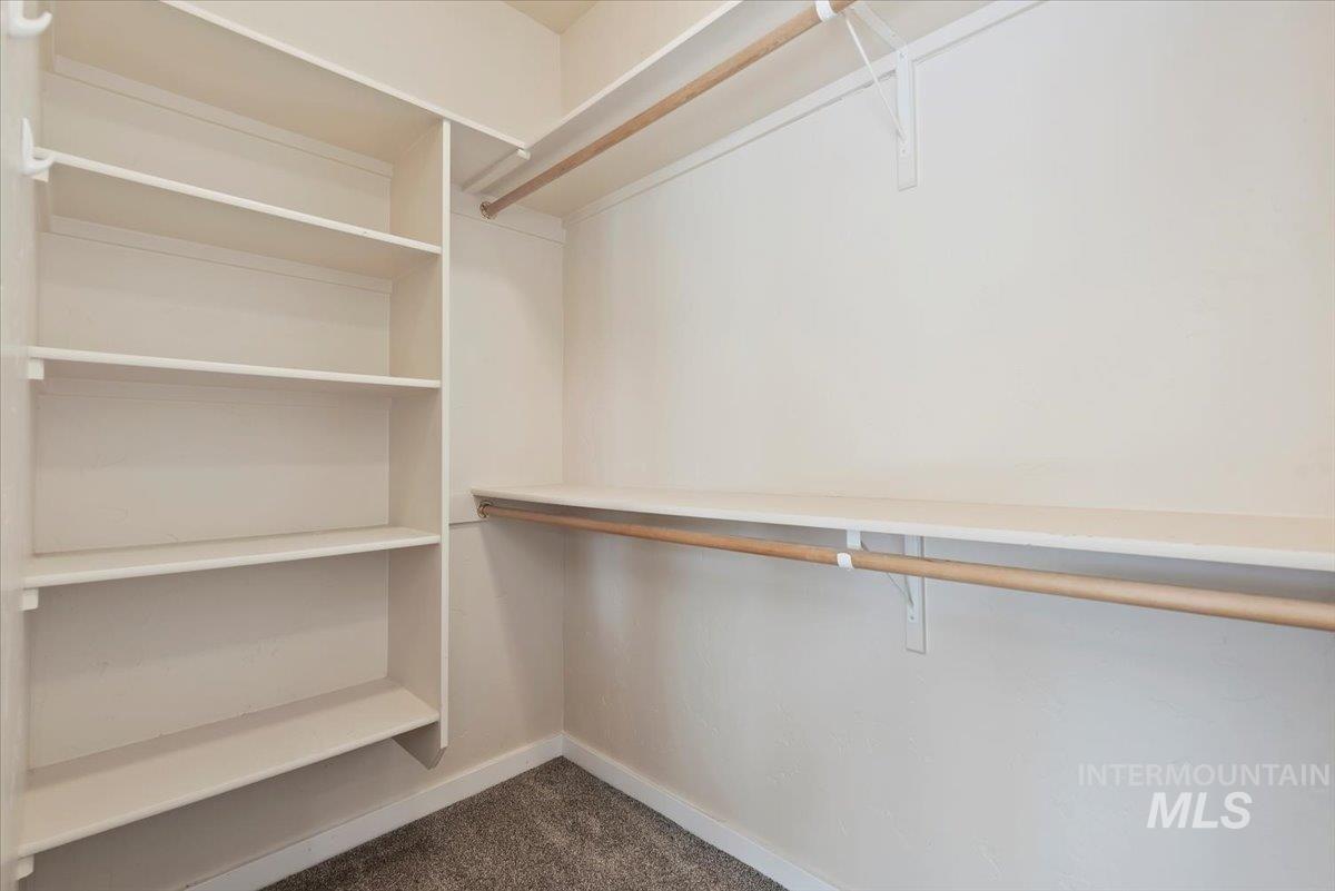 Spacious closet featuring dark carpet