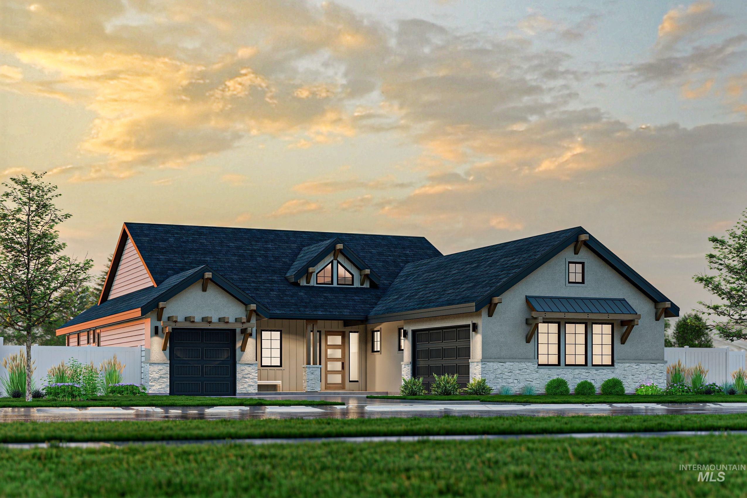 View of front of home featuring stone siding, covered porch, an attached garage, and stucco siding