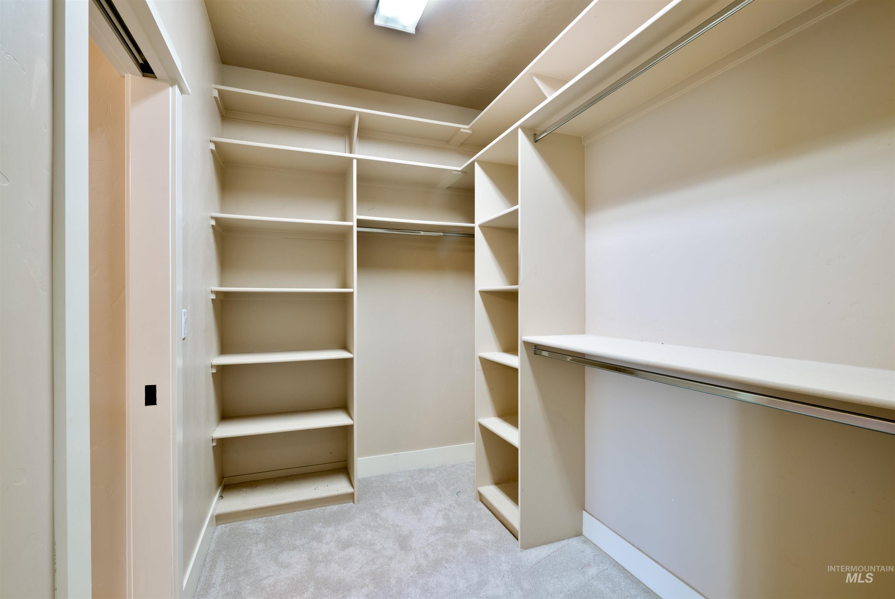 Walk in closet featuring light colored carpet